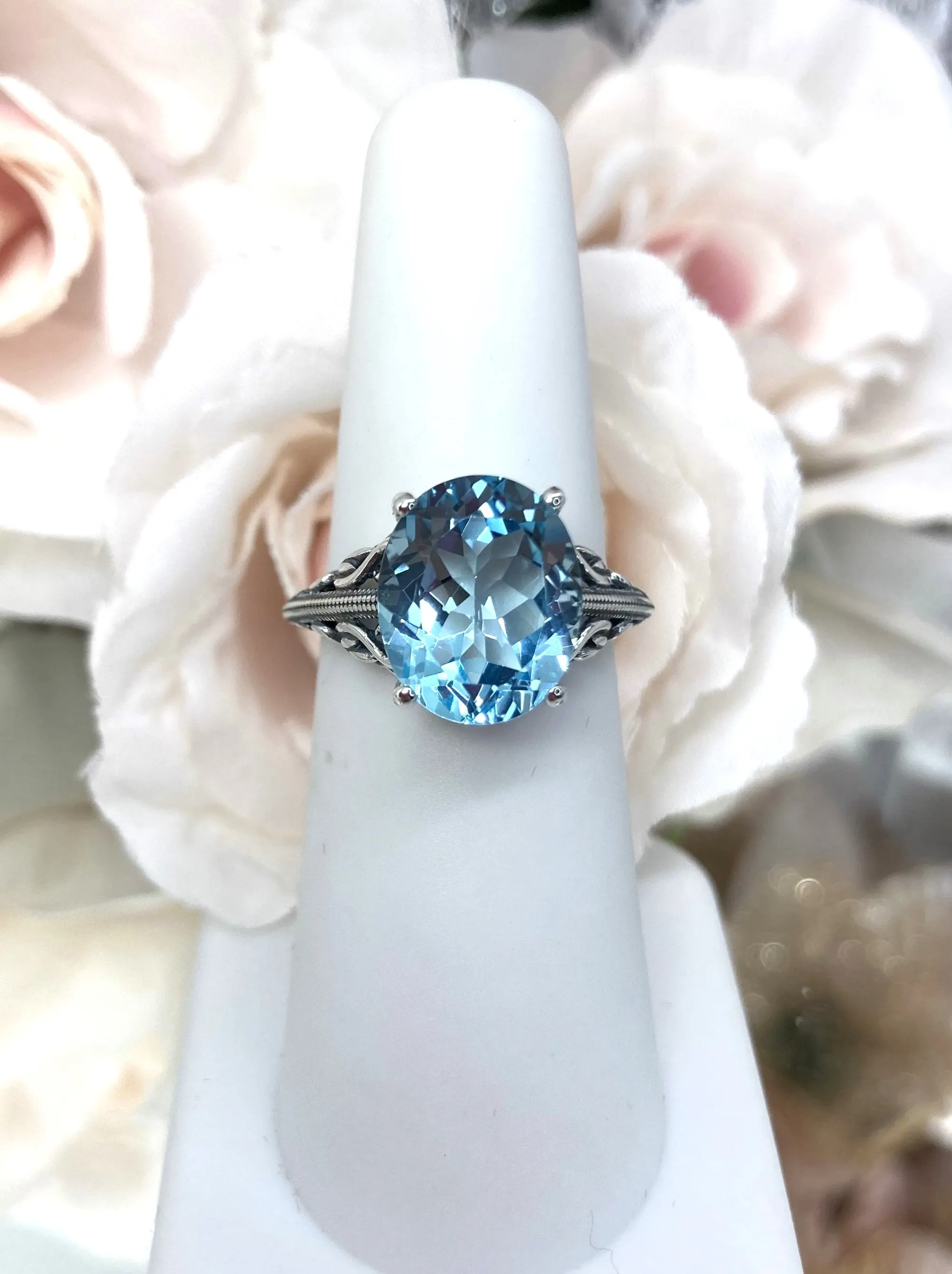 Natural Blue Topaz Ring, Swan Filigree, Art Deco Jewelry #D190
