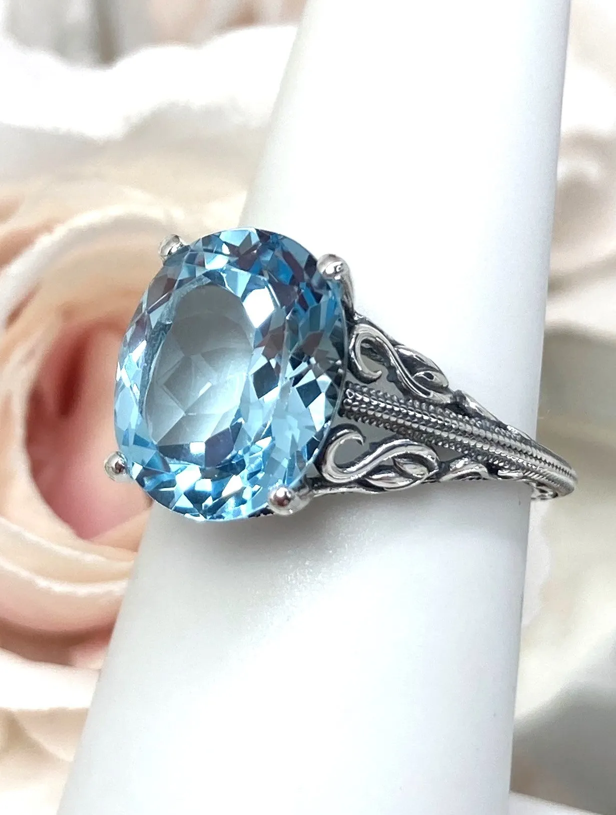 Natural Blue Topaz Ring, Swan Filigree, Art Deco Jewelry #D190
