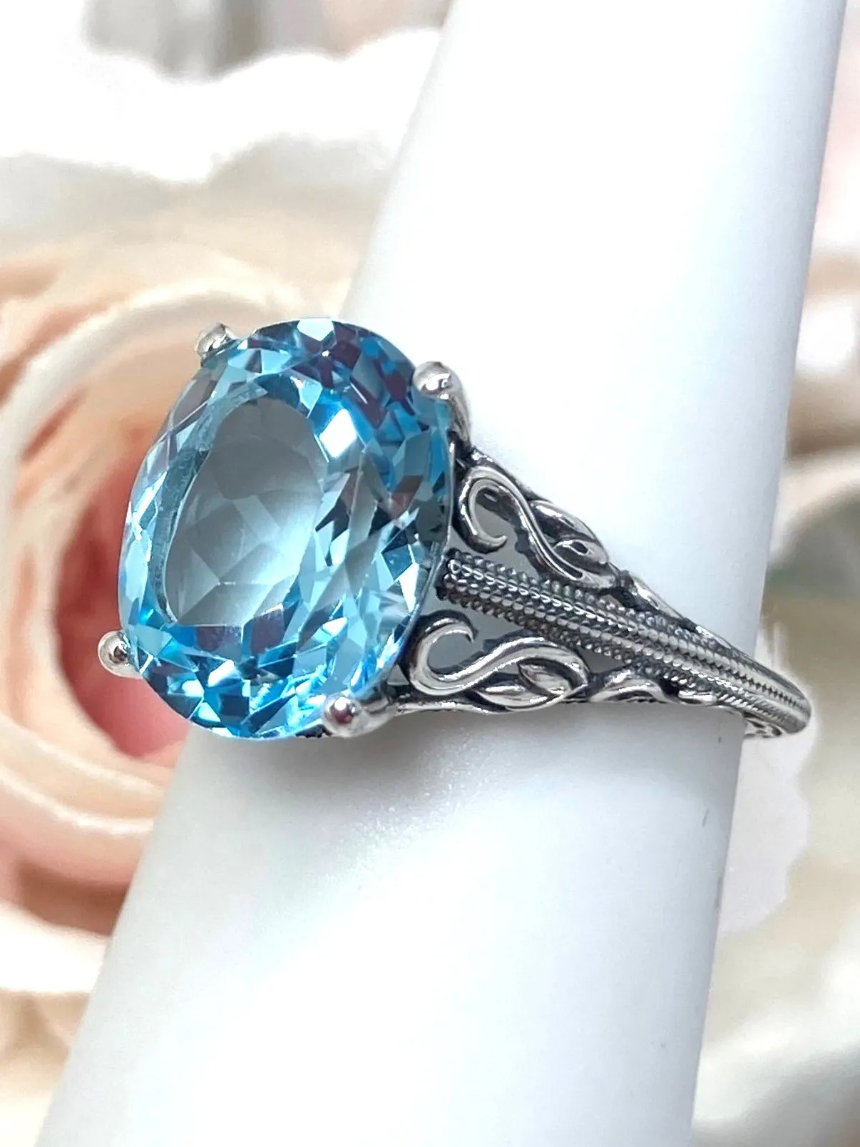 Natural Blue Topaz Ring, Swan Filigree, Art Deco Jewelry #D190