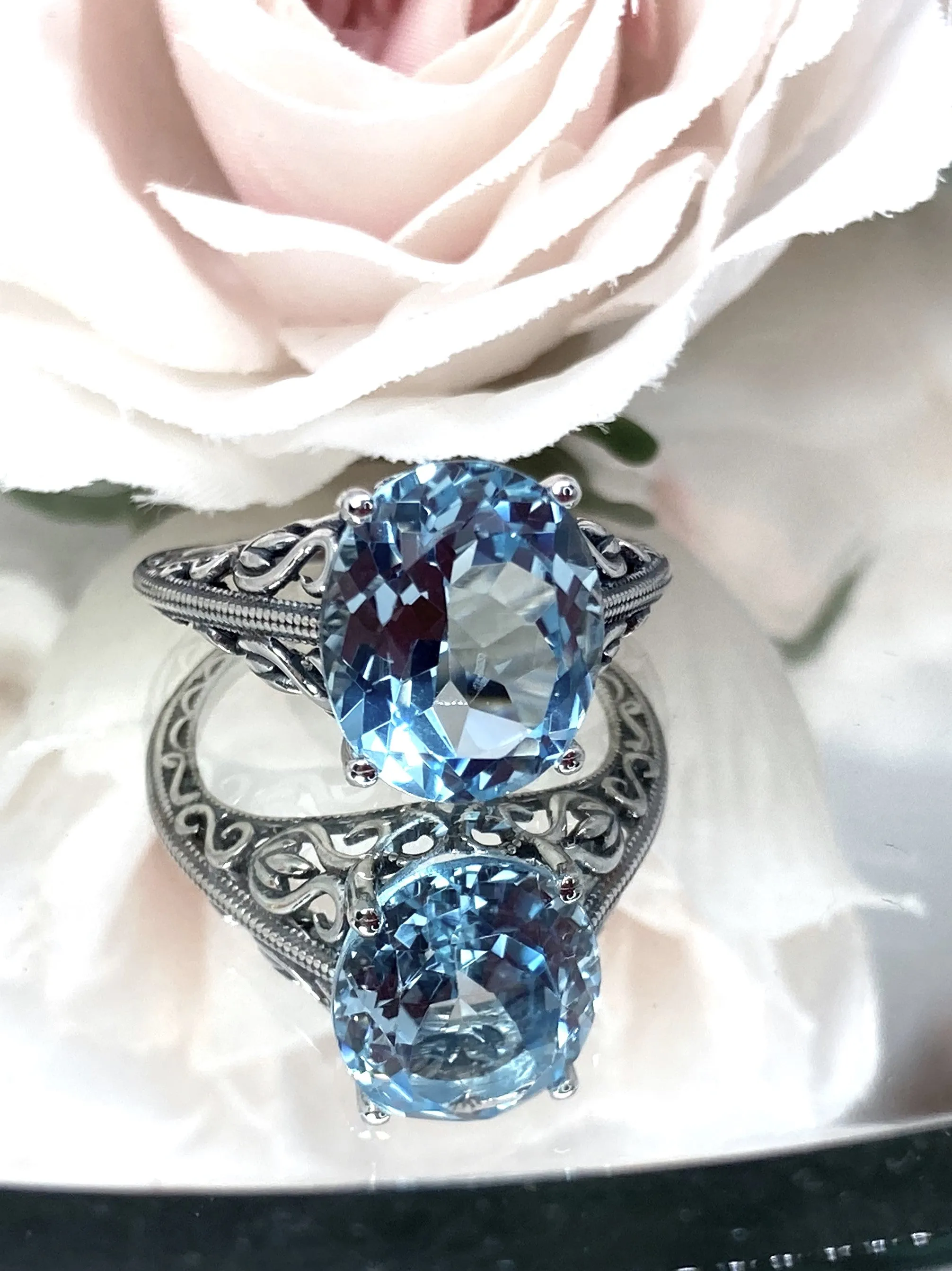 Natural Blue Topaz Ring, Swan Filigree, Art Deco Jewelry #D190
