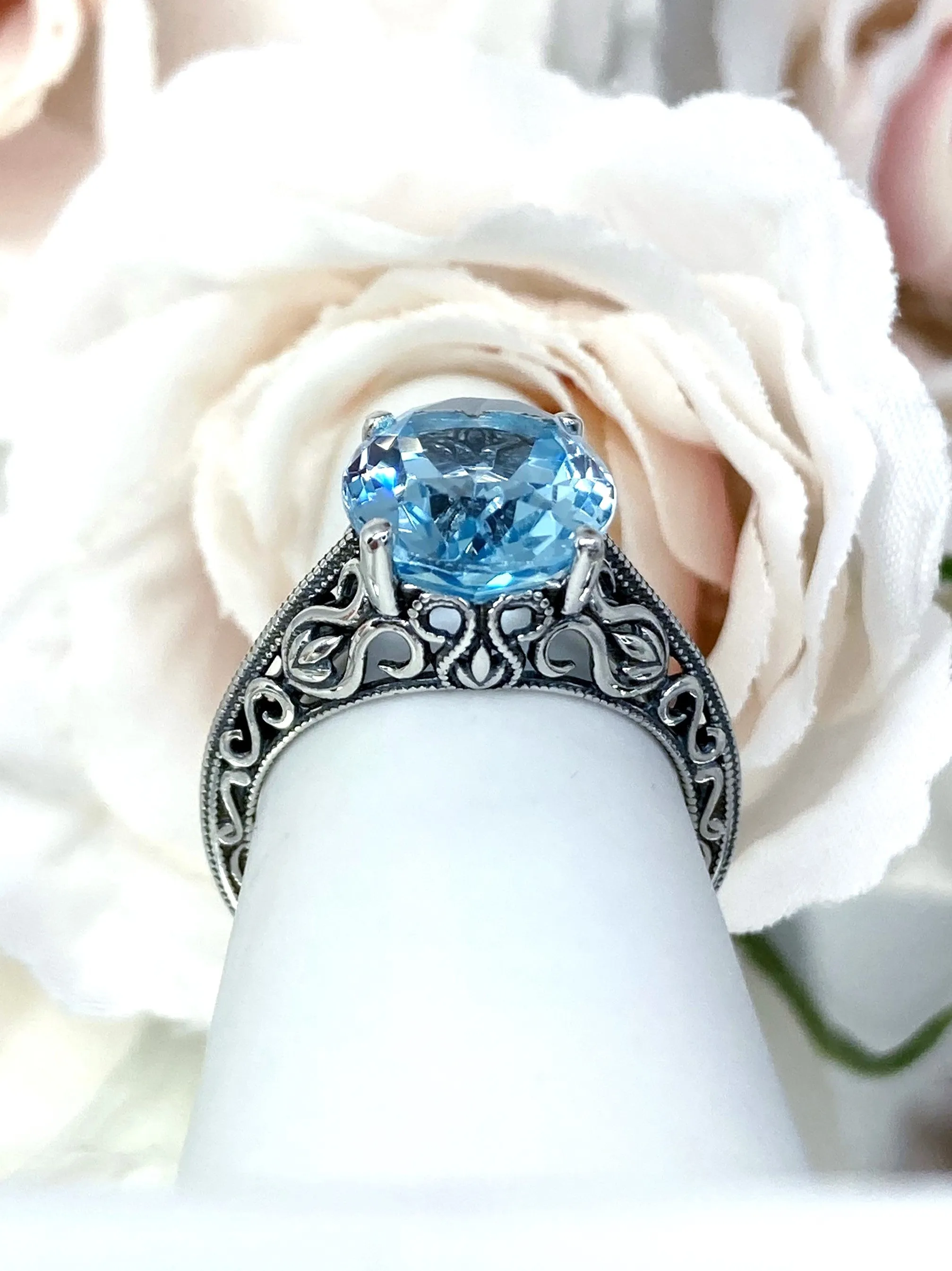 Natural Blue Topaz Ring, Swan Filigree, Art Deco Jewelry #D190