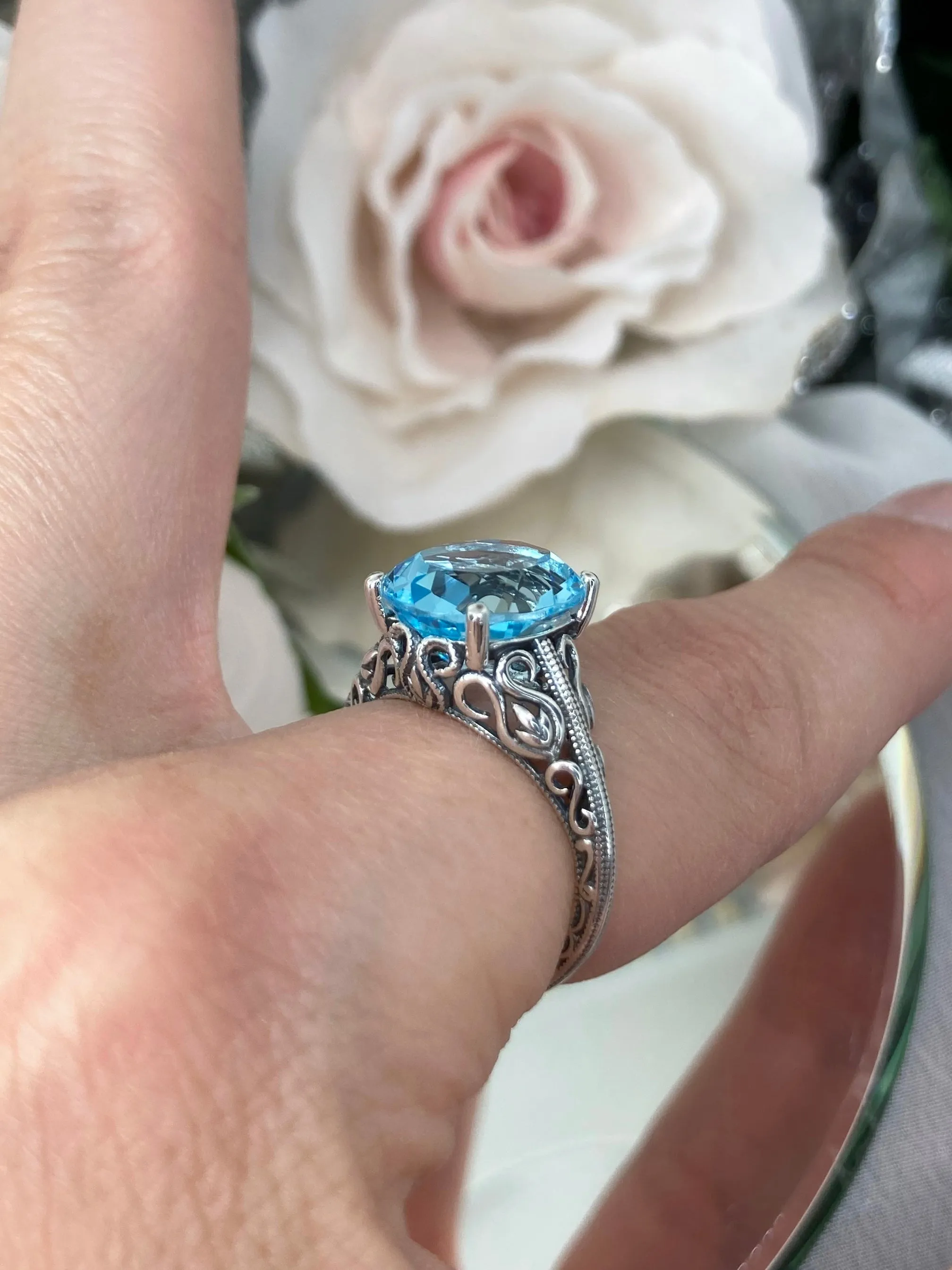 Natural Blue Topaz Ring, Swan Filigree, Art Deco Jewelry #D190