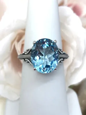 Natural Blue Topaz Ring, Swan Filigree, Art Deco Jewelry #D190