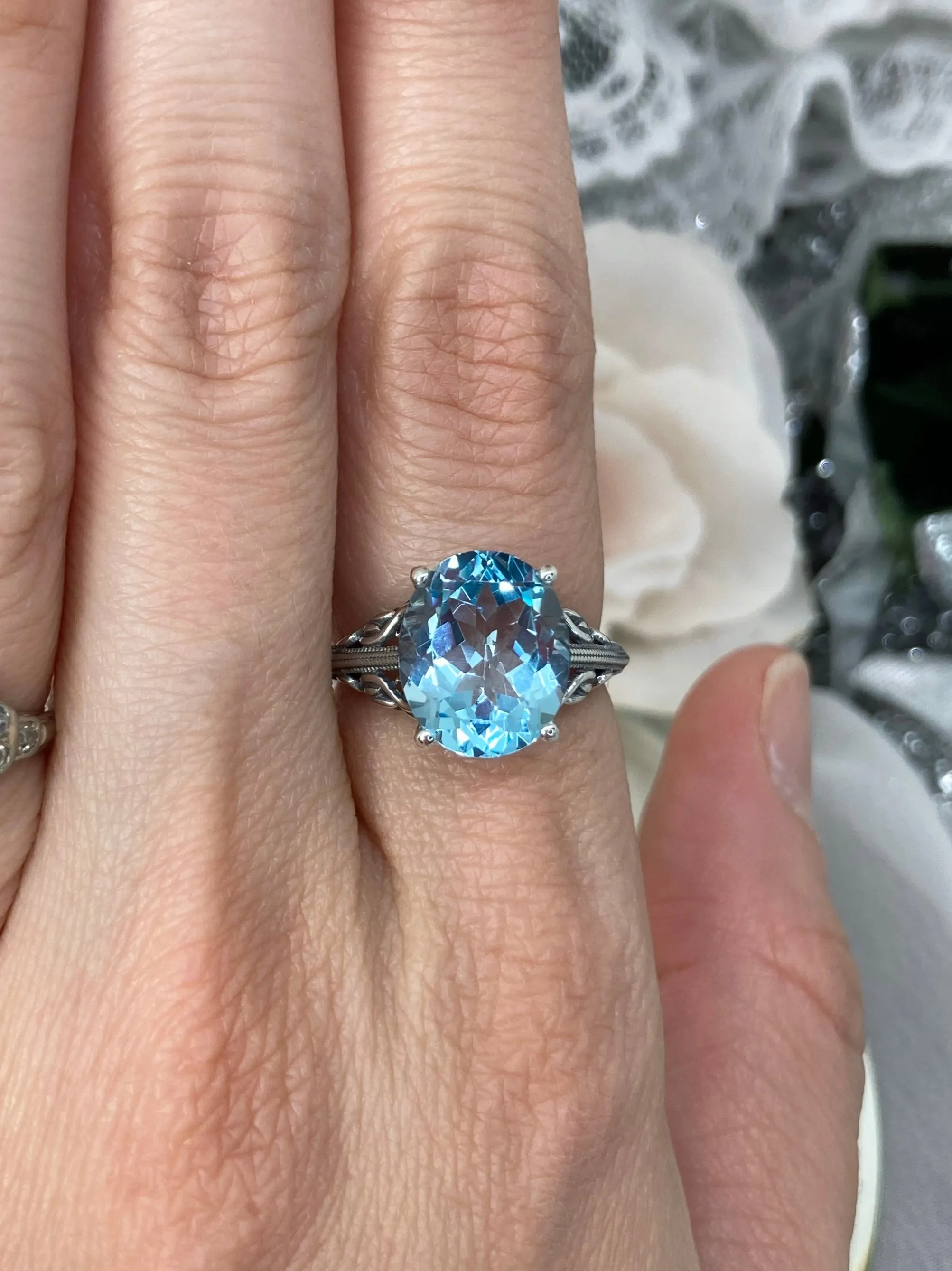 Natural Blue Topaz Ring, Swan Filigree, Art Deco Jewelry #D190