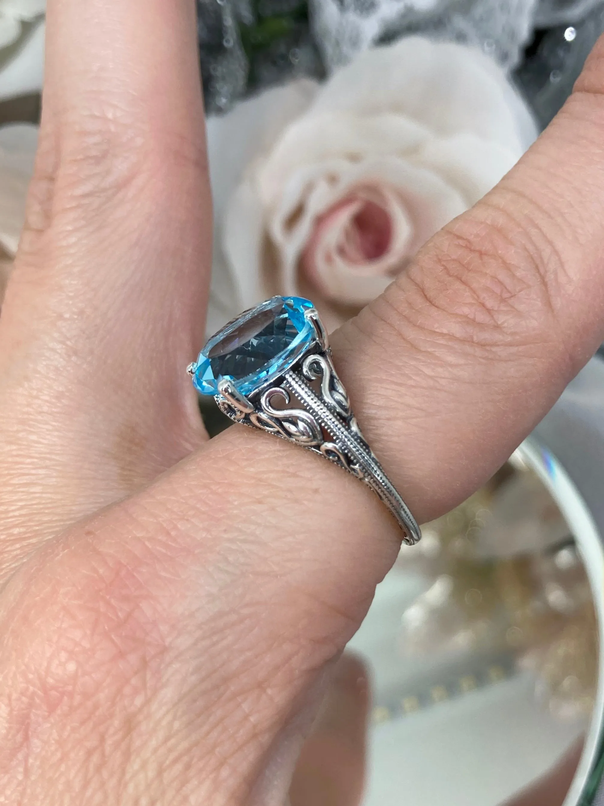 Natural Blue Topaz Ring, Swan Filigree, Art Deco Jewelry #D190