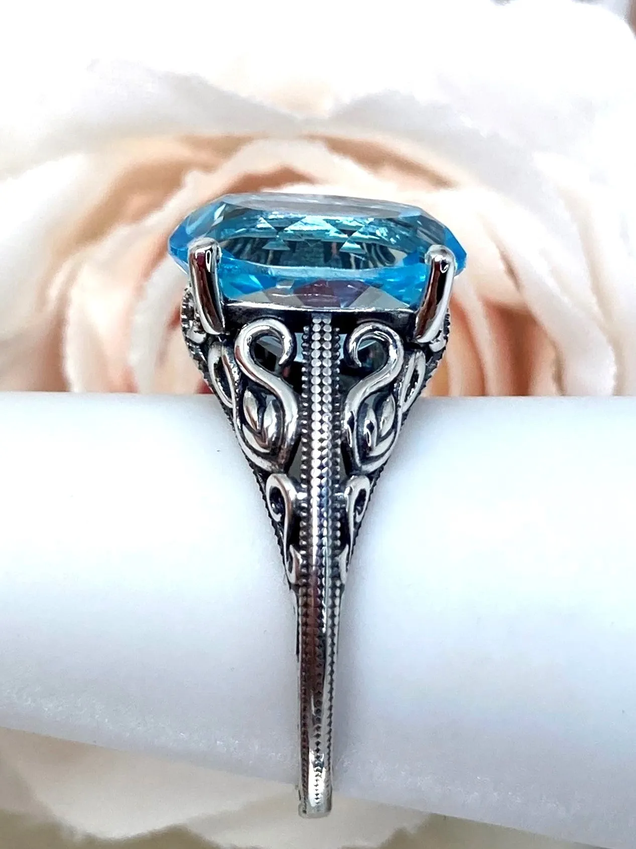 Natural Blue Topaz Ring, Swan Filigree, Art Deco Jewelry #D190