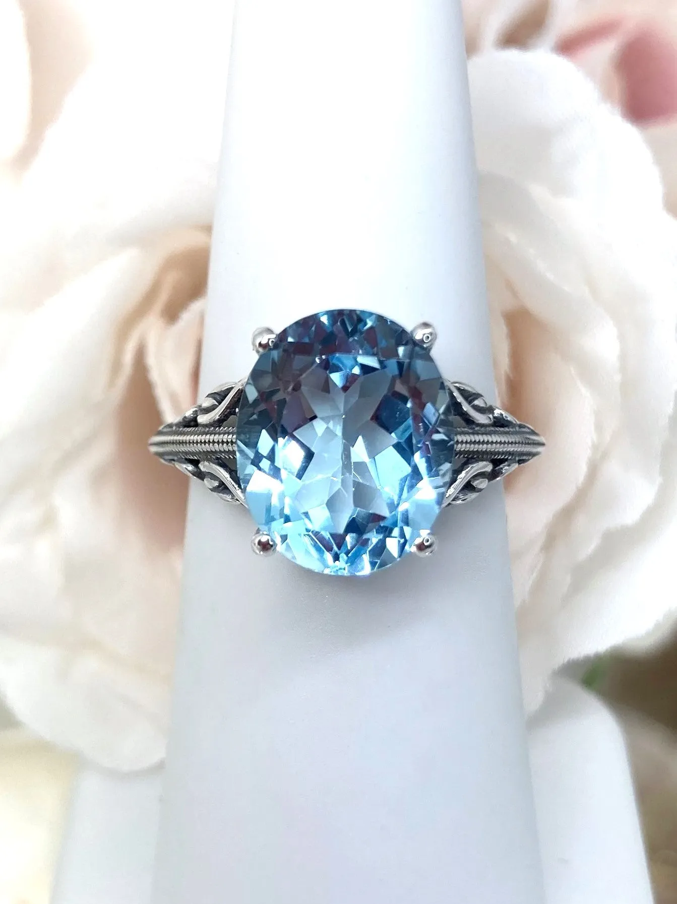 Natural Blue Topaz Ring, Swan Filigree, Art Deco Jewelry #D190