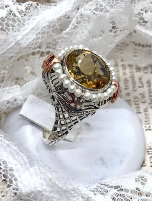 Natural Citrine & Seed Pearl Ring, Victorian Filigree Jewelry #D238