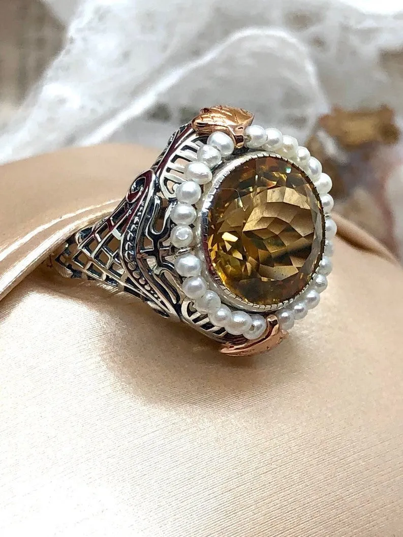 Natural Citrine & Seed Pearl Ring, Victorian Filigree Jewelry #D238