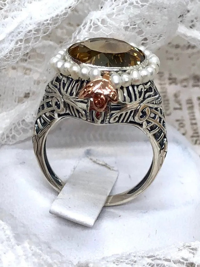 Natural Citrine & Seed Pearl Ring, Victorian Filigree Jewelry #D238