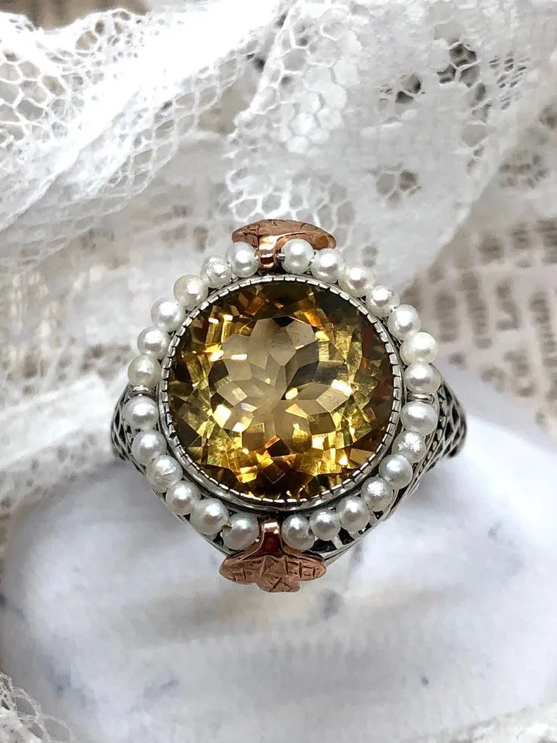 Natural Citrine & Seed Pearl Ring, Victorian Filigree Jewelry #D238