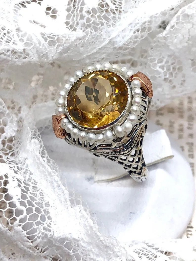 Natural Citrine & Seed Pearl Ring, Victorian Filigree Jewelry #D238