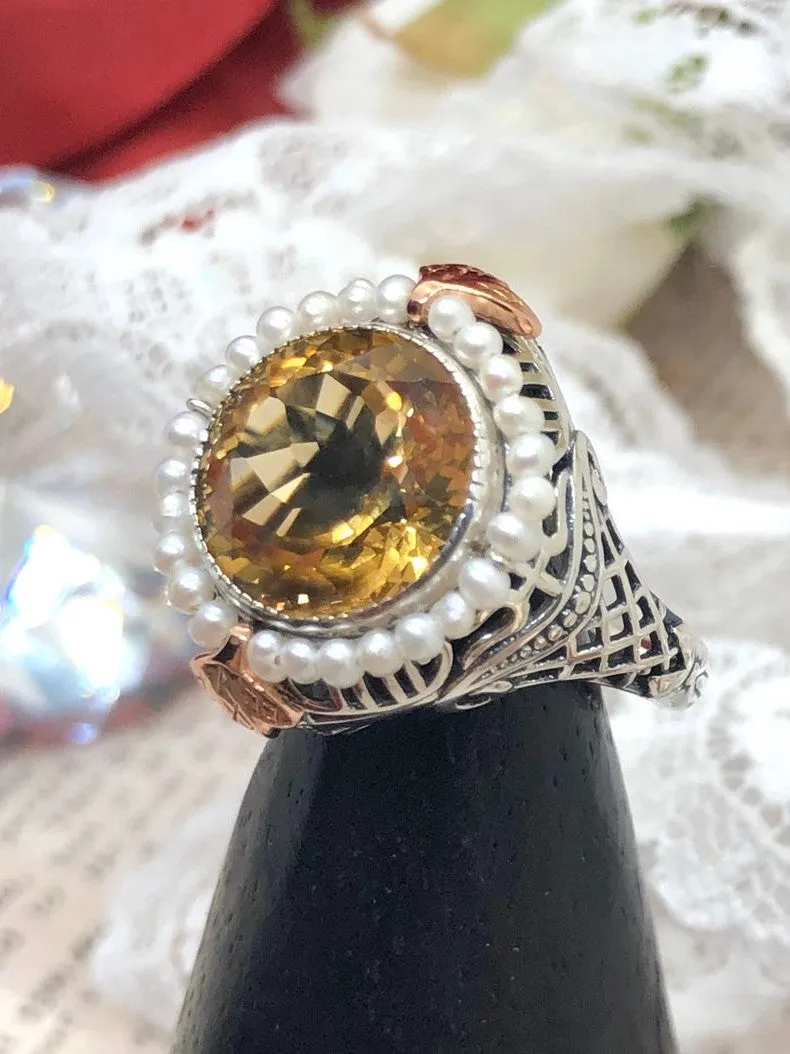 Natural Citrine & Seed Pearl Ring, Victorian Filigree Jewelry #D238