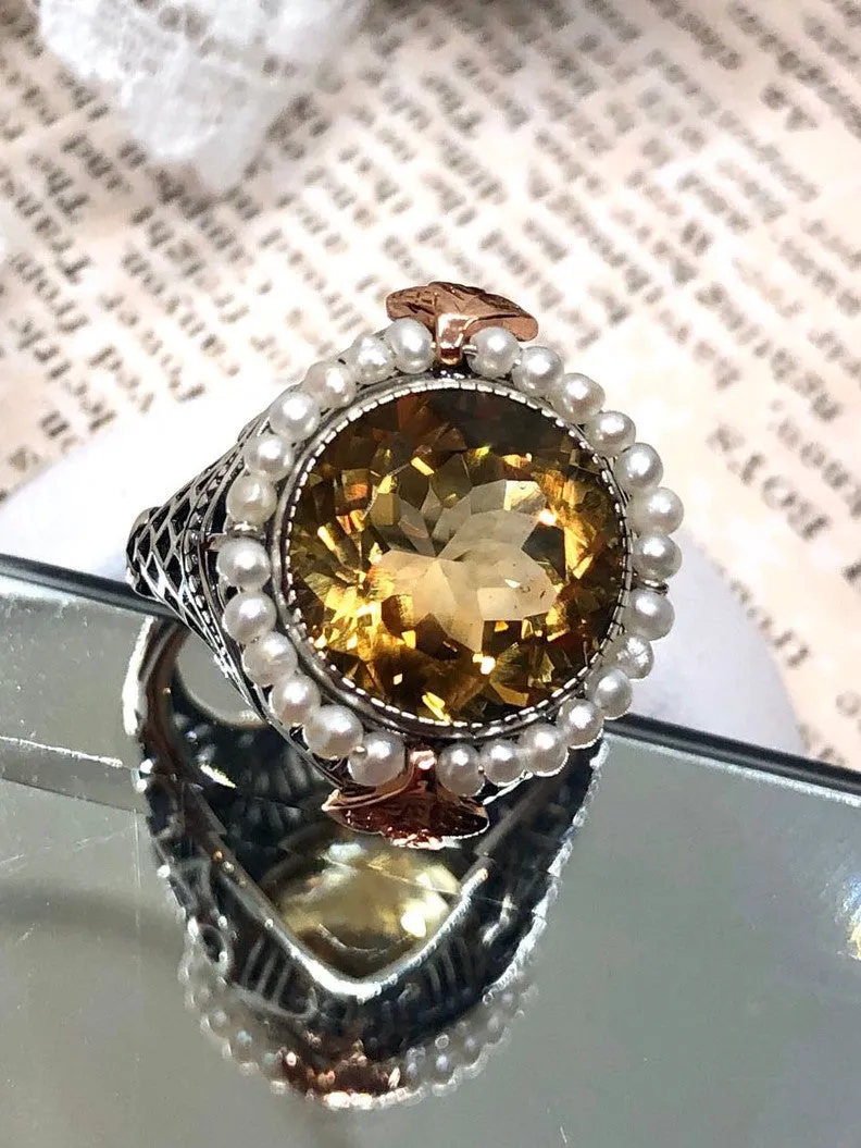 Natural Citrine & Seed Pearl Ring, Victorian Filigree Jewelry #D238