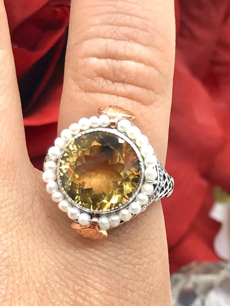 Natural Citrine & Seed Pearl Ring, Victorian Filigree Jewelry #D238