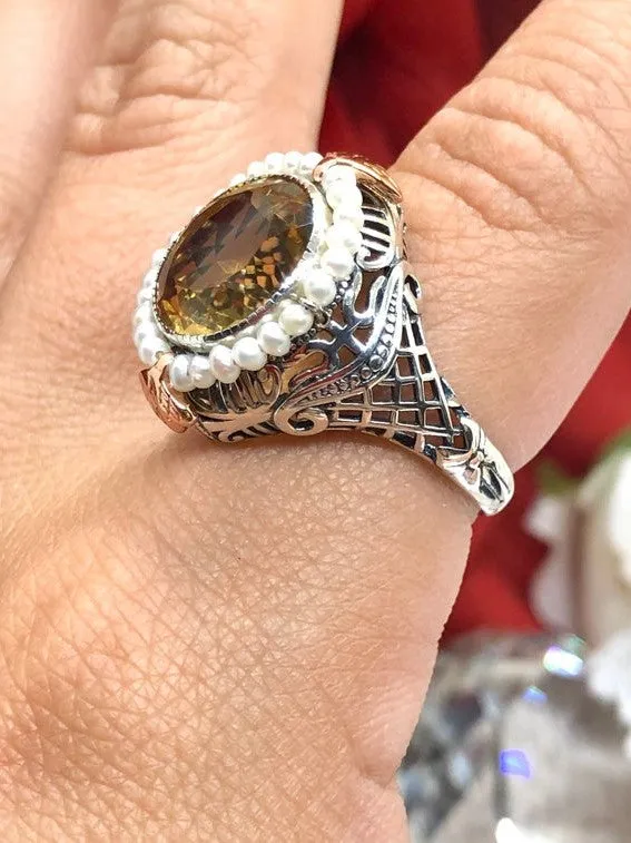 Natural Citrine & Seed Pearl Ring, Victorian Filigree Jewelry #D238