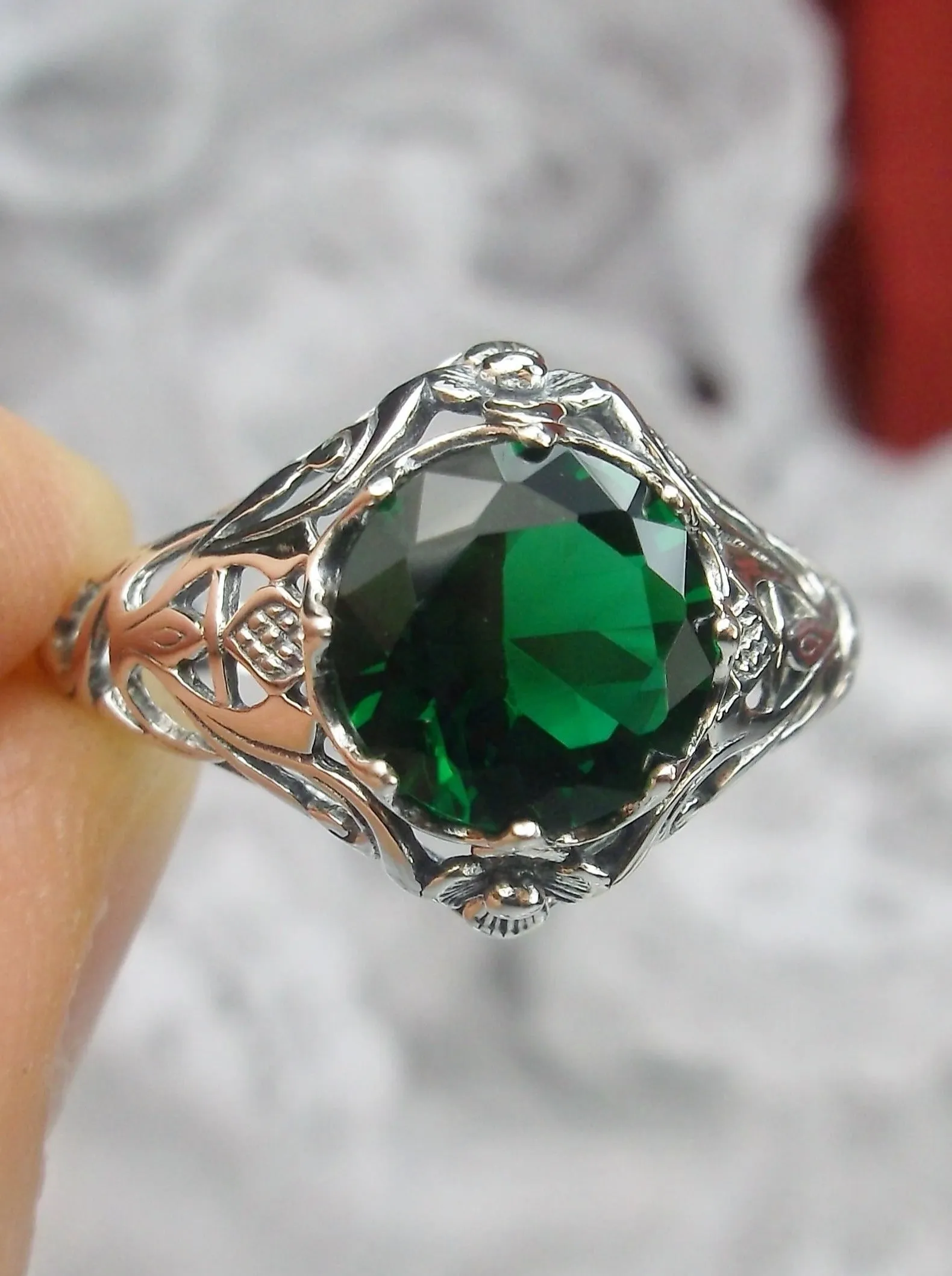 Natural Emerald Ring, Daisy Filigree Victorian Jewelry #D66