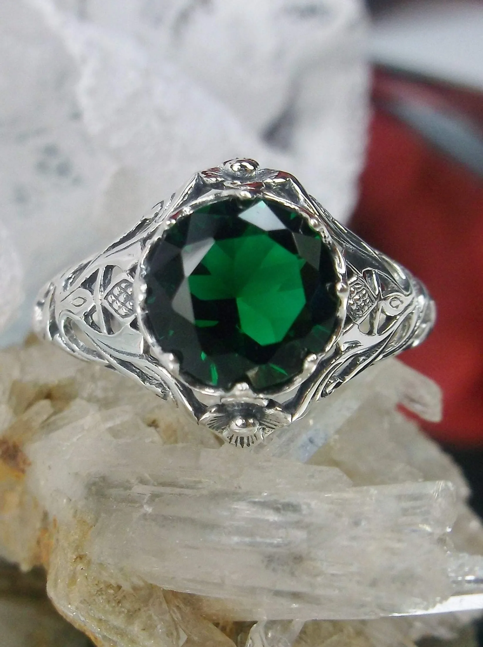 Natural Emerald Ring, Daisy Filigree Victorian Jewelry #D66