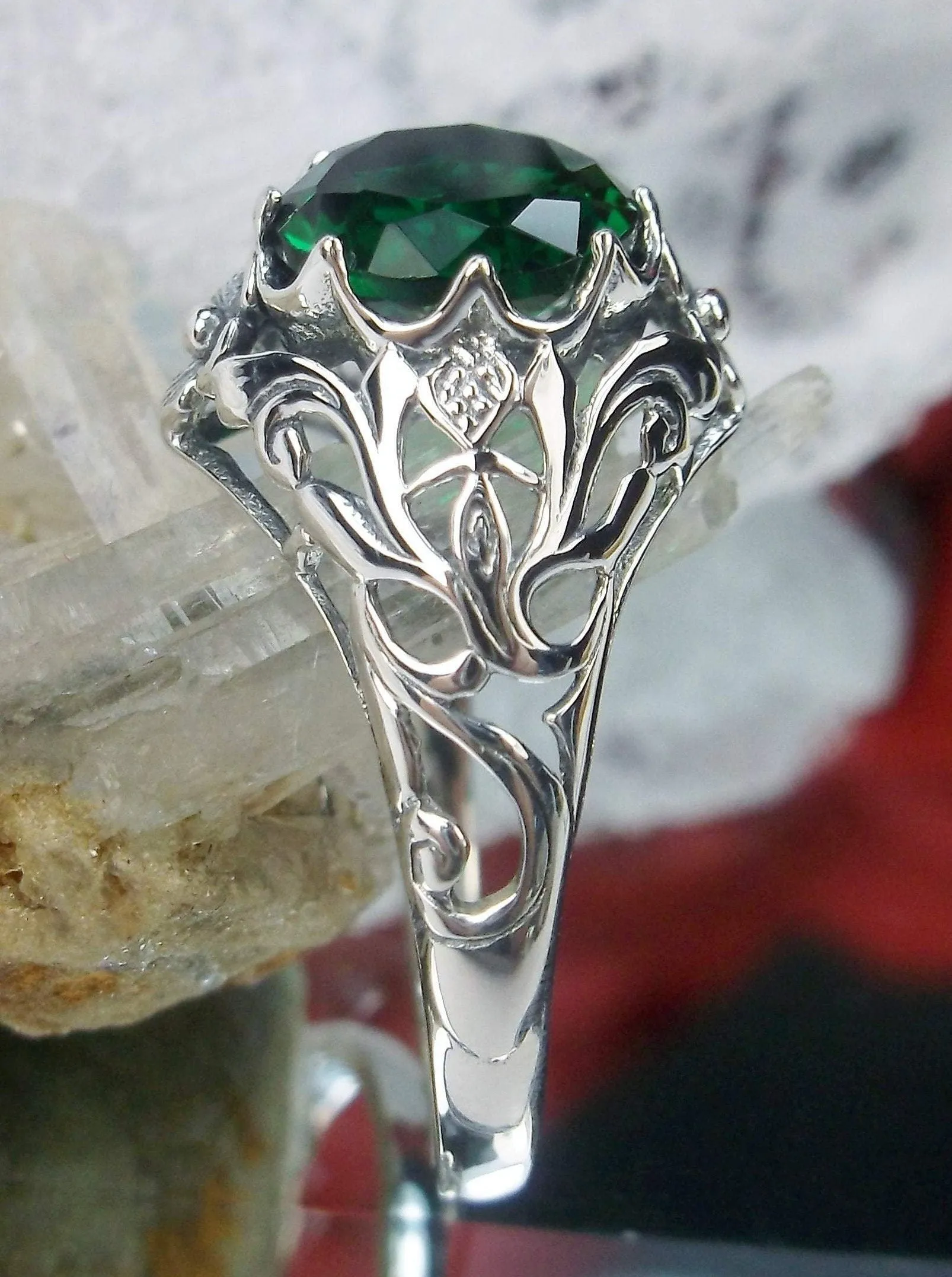 Natural Emerald Ring, Daisy Filigree Victorian Jewelry #D66
