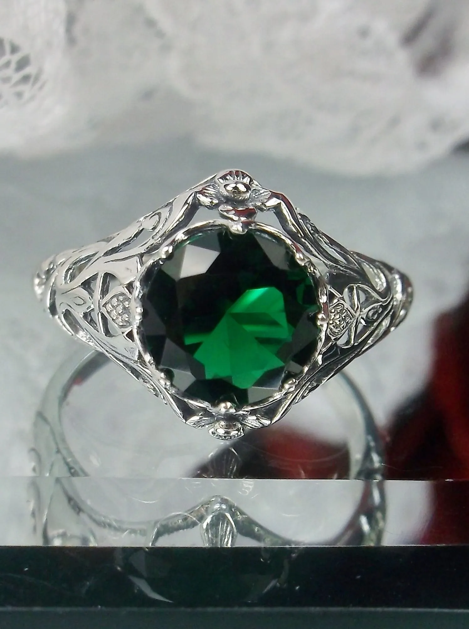 Natural Emerald Ring, Daisy Filigree Victorian Jewelry #D66