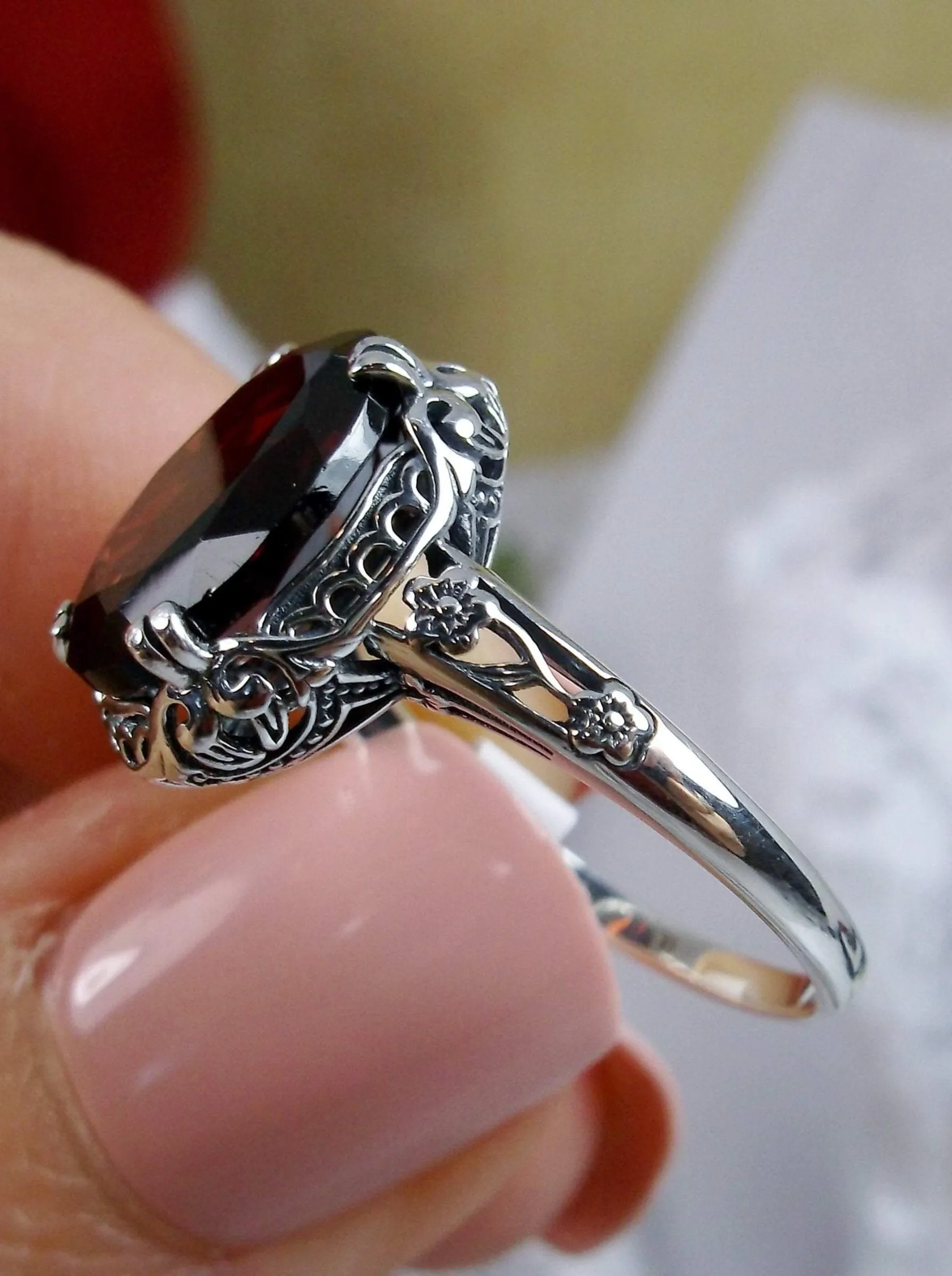 Natural Garnet Ring, Edwardian Antique Reproduction Jewelry #D70z