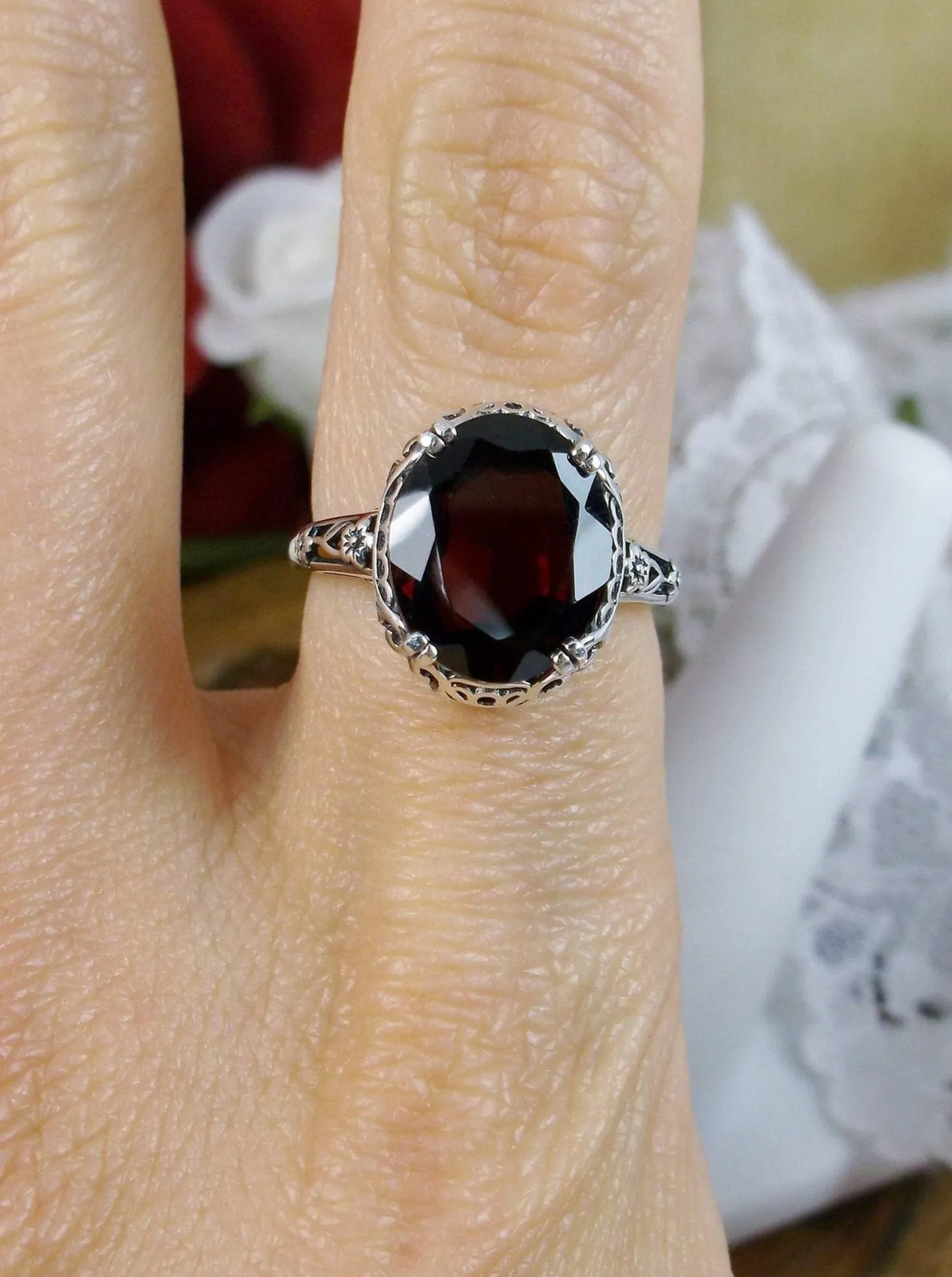 Natural Garnet Ring, Edwardian Antique Reproduction Jewelry #D70z