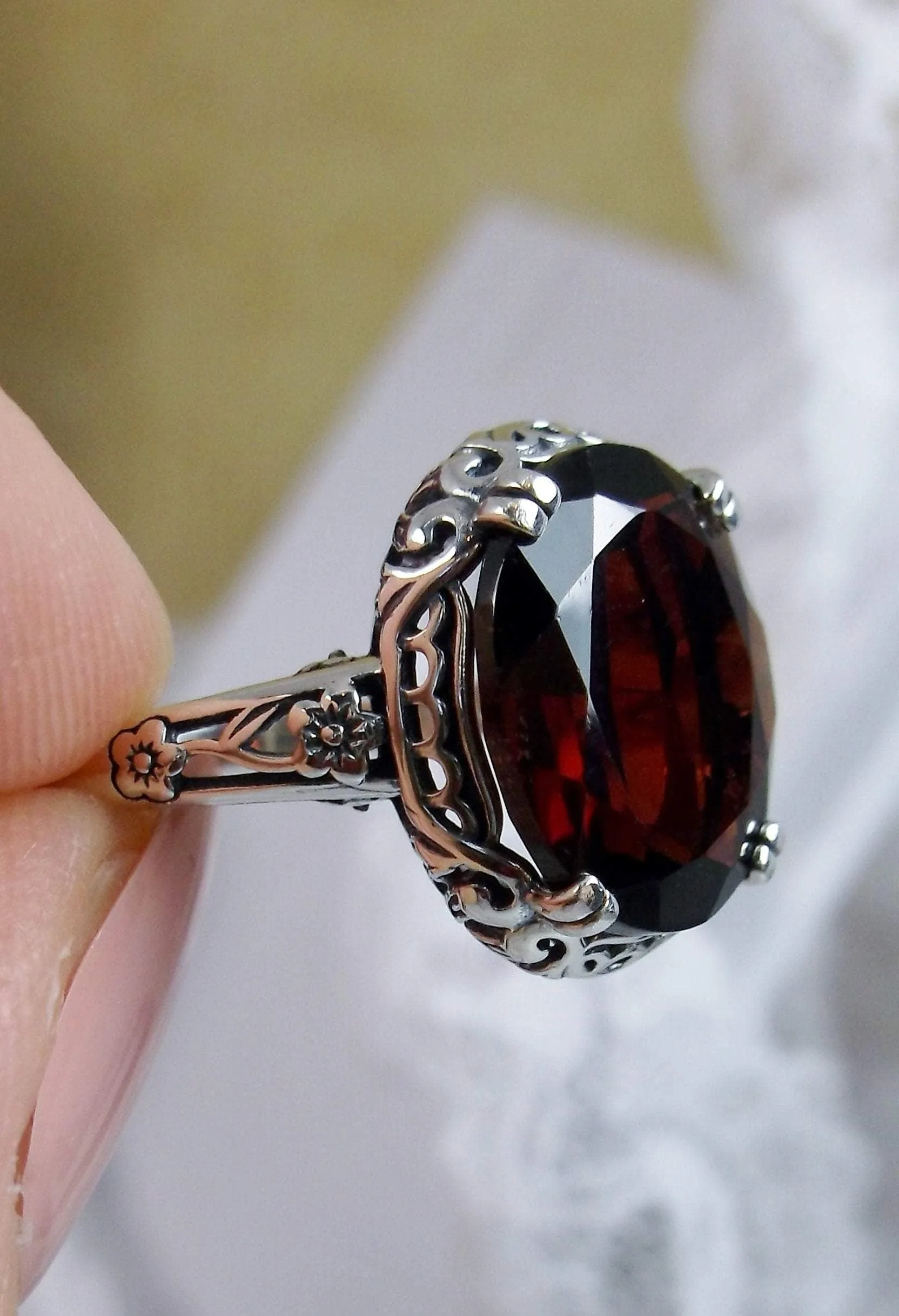 Natural Garnet Ring, Edwardian Antique Reproduction Jewelry #D70z