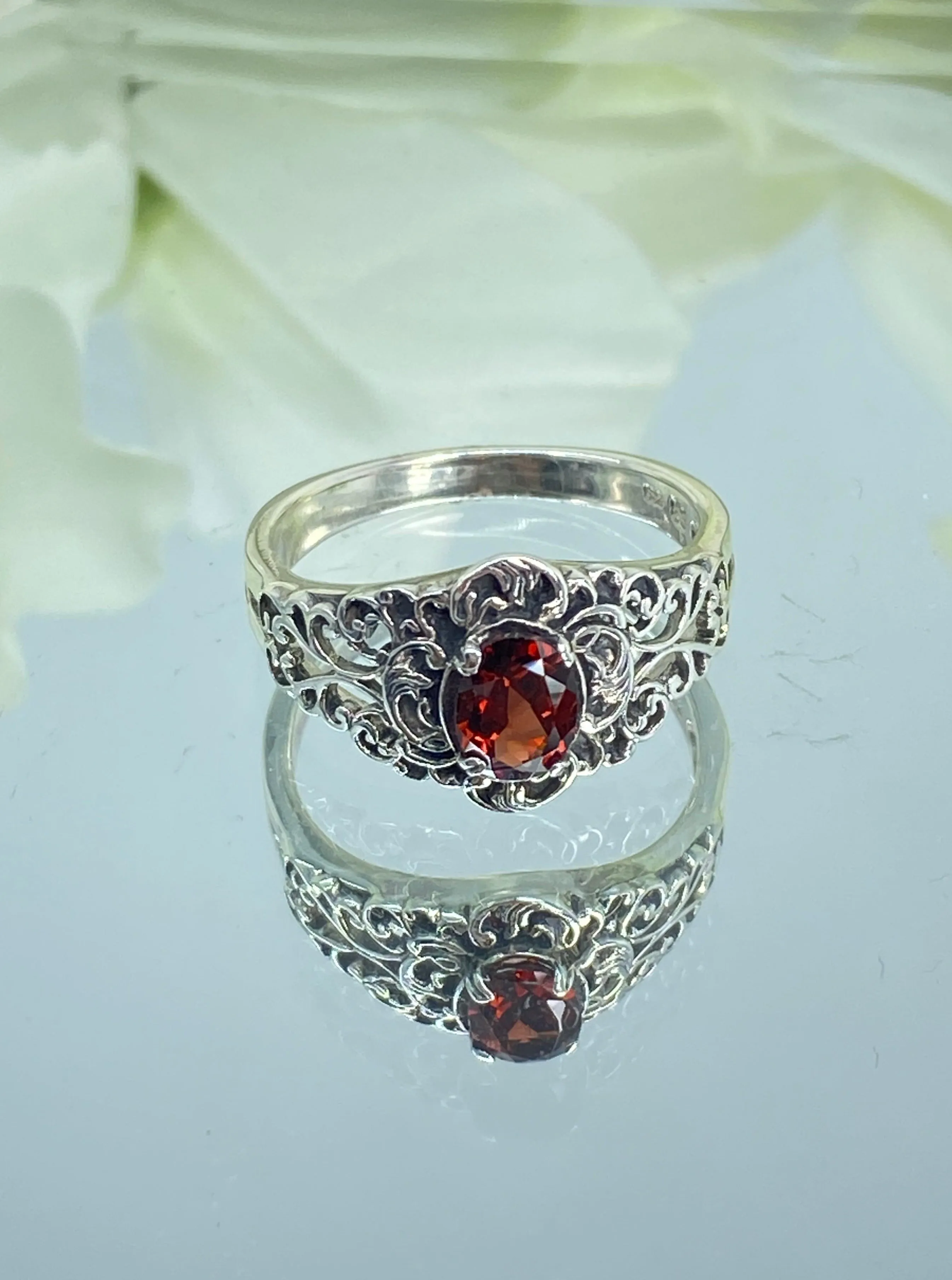 Natural Garnet Ring, Size 8, Sterling Silver Art Nouveau Jewelry #D14 - Ready to Ship