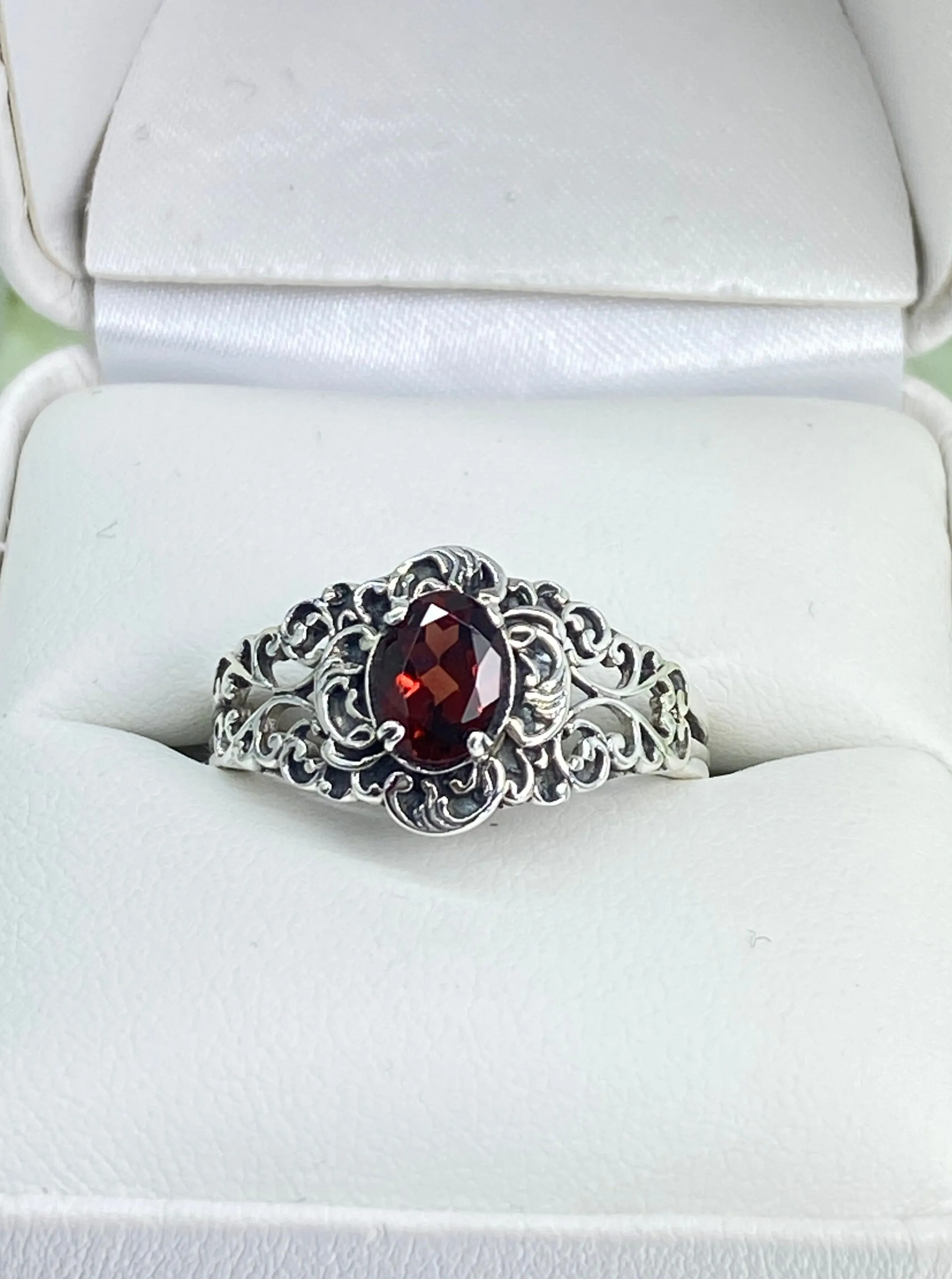 Natural Garnet Ring, Size 8, Sterling Silver Art Nouveau Jewelry #D14 - Ready to Ship