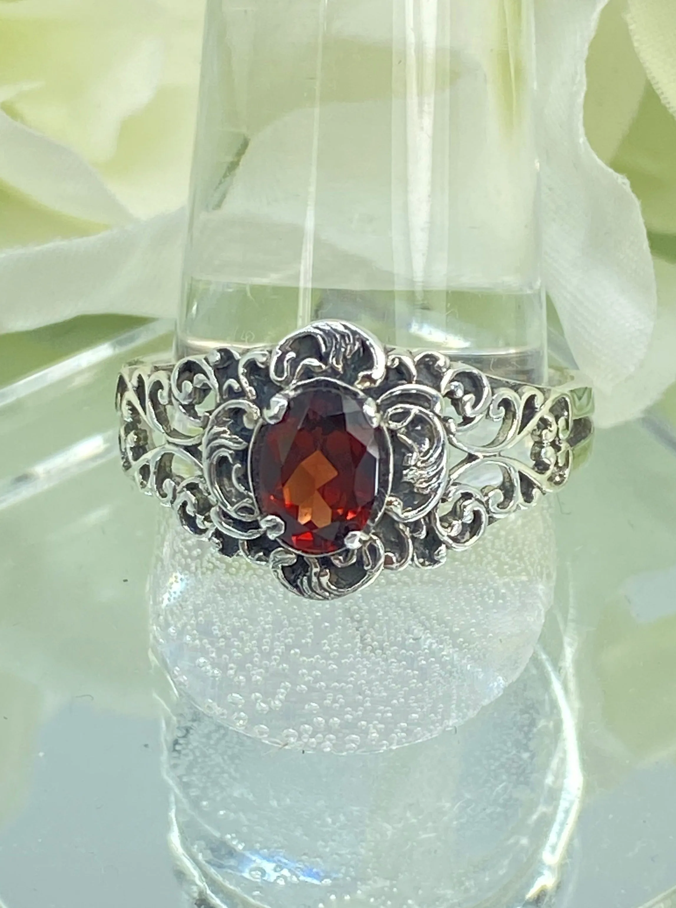 Natural Garnet Ring, Size 8, Sterling Silver Art Nouveau Jewelry #D14 - Ready to Ship