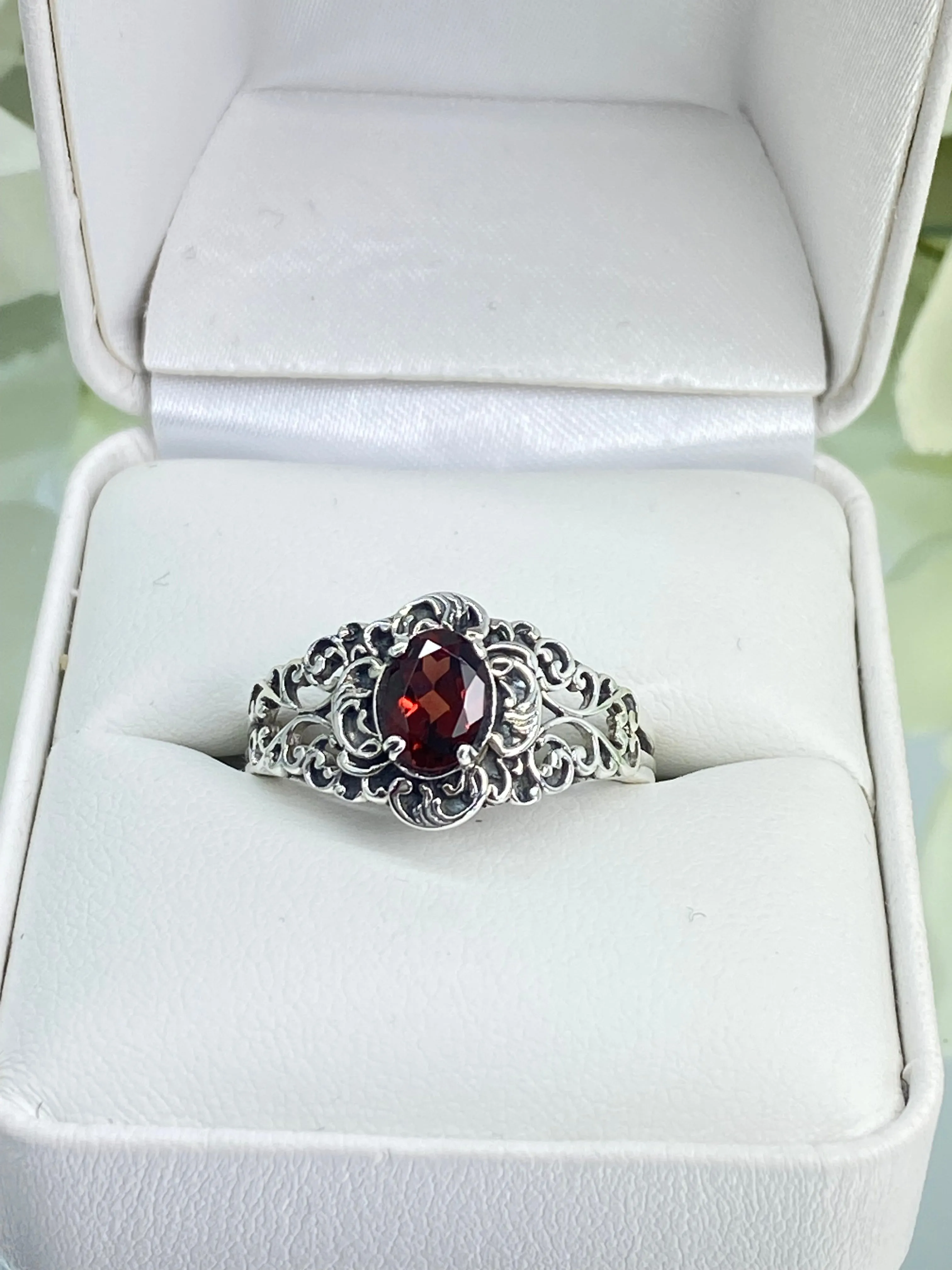 Natural Garnet Ring, Size 9, Sterling Silver Art Nouveau Jewelry #D14 - Ready to Ship