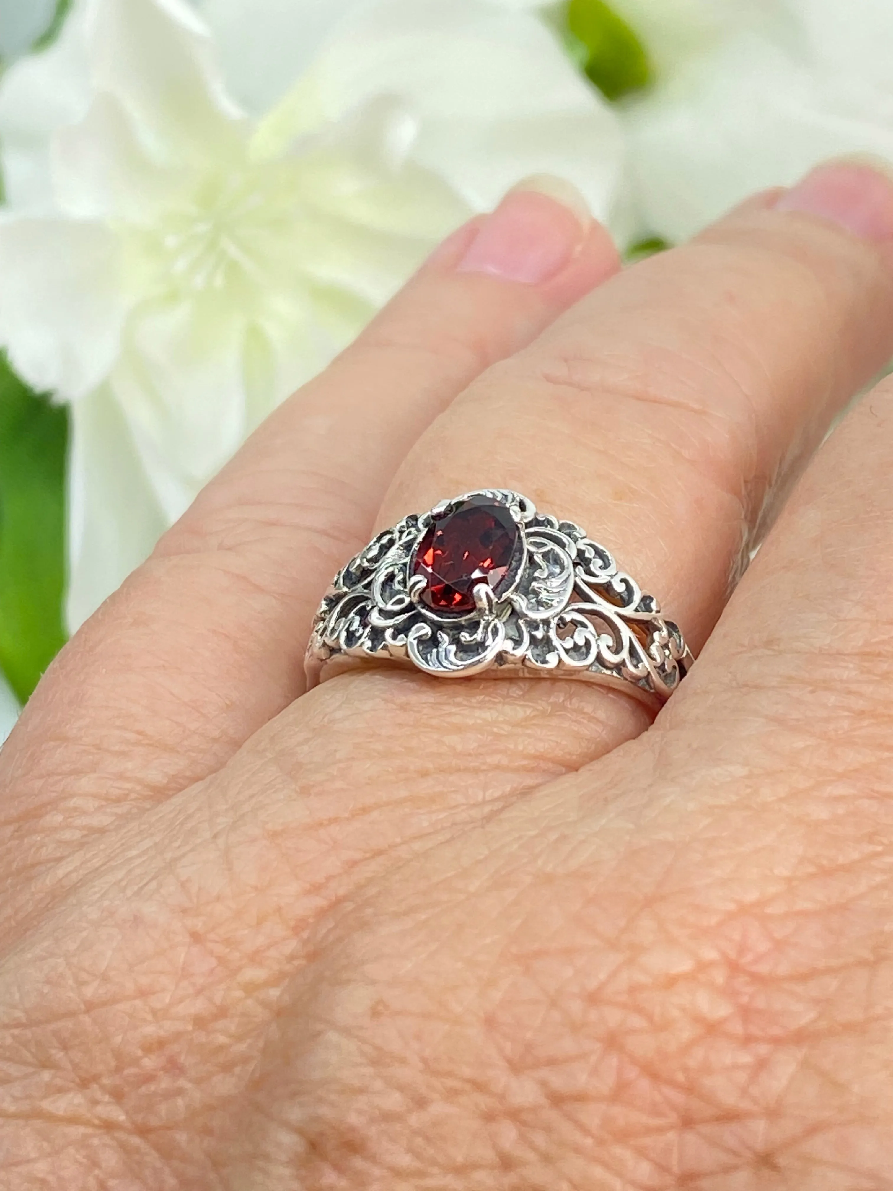 Natural Garnet Ring, Size 9, Sterling Silver Art Nouveau Jewelry #D14 - Ready to Ship