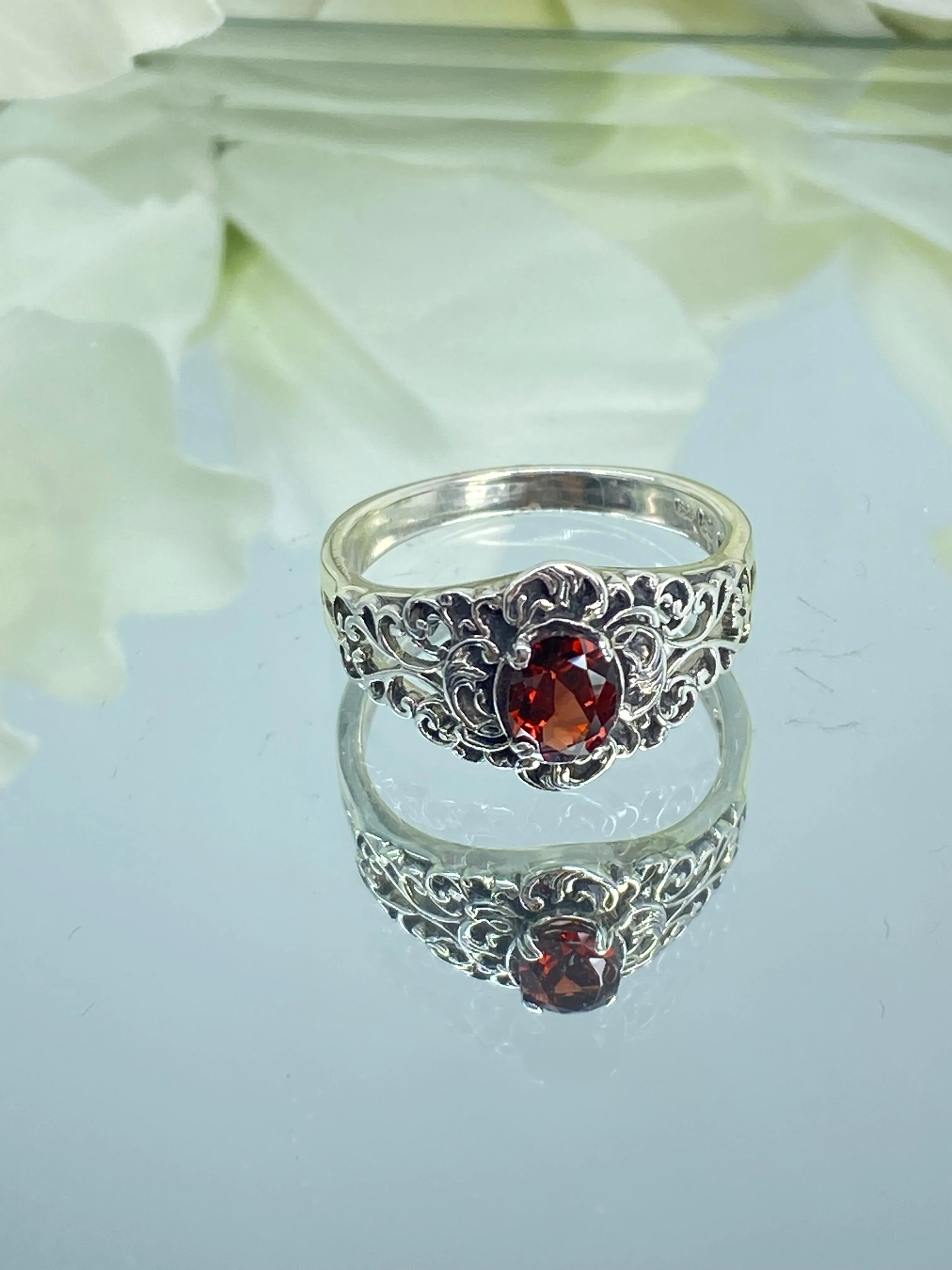 Natural Garnet Ring, Size 9, Sterling Silver Art Nouveau Jewelry #D14 - Ready to Ship