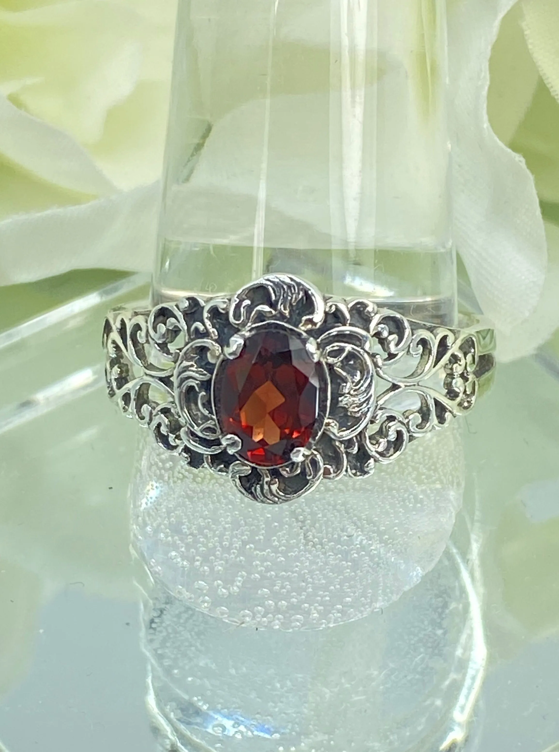 Natural Garnet Ring, Size 9, Sterling Silver Art Nouveau Jewelry #D14 - Ready to Ship