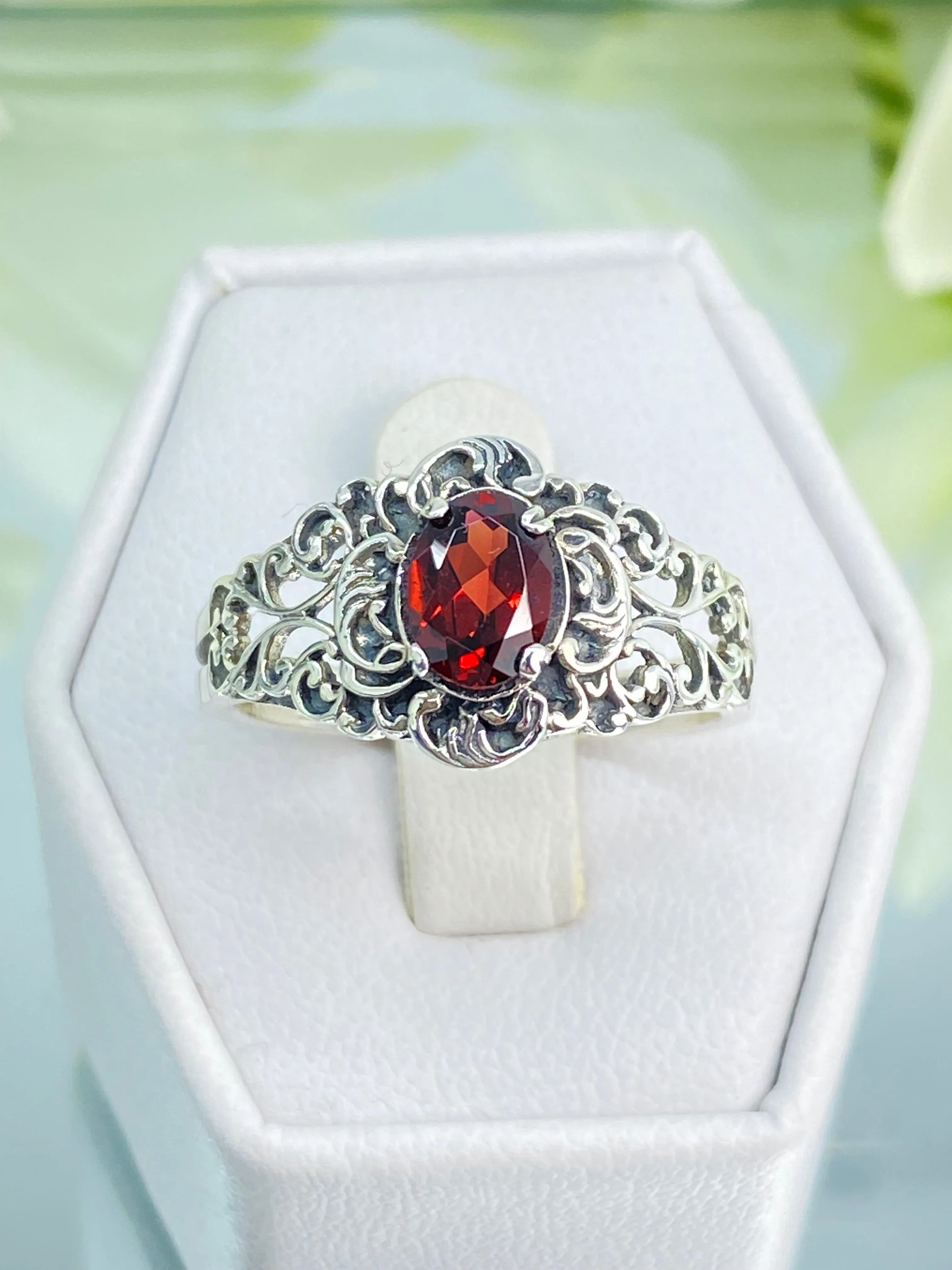 Natural Garnet Ring, Size 9, Sterling Silver Art Nouveau Jewelry #D14 - Ready to Ship