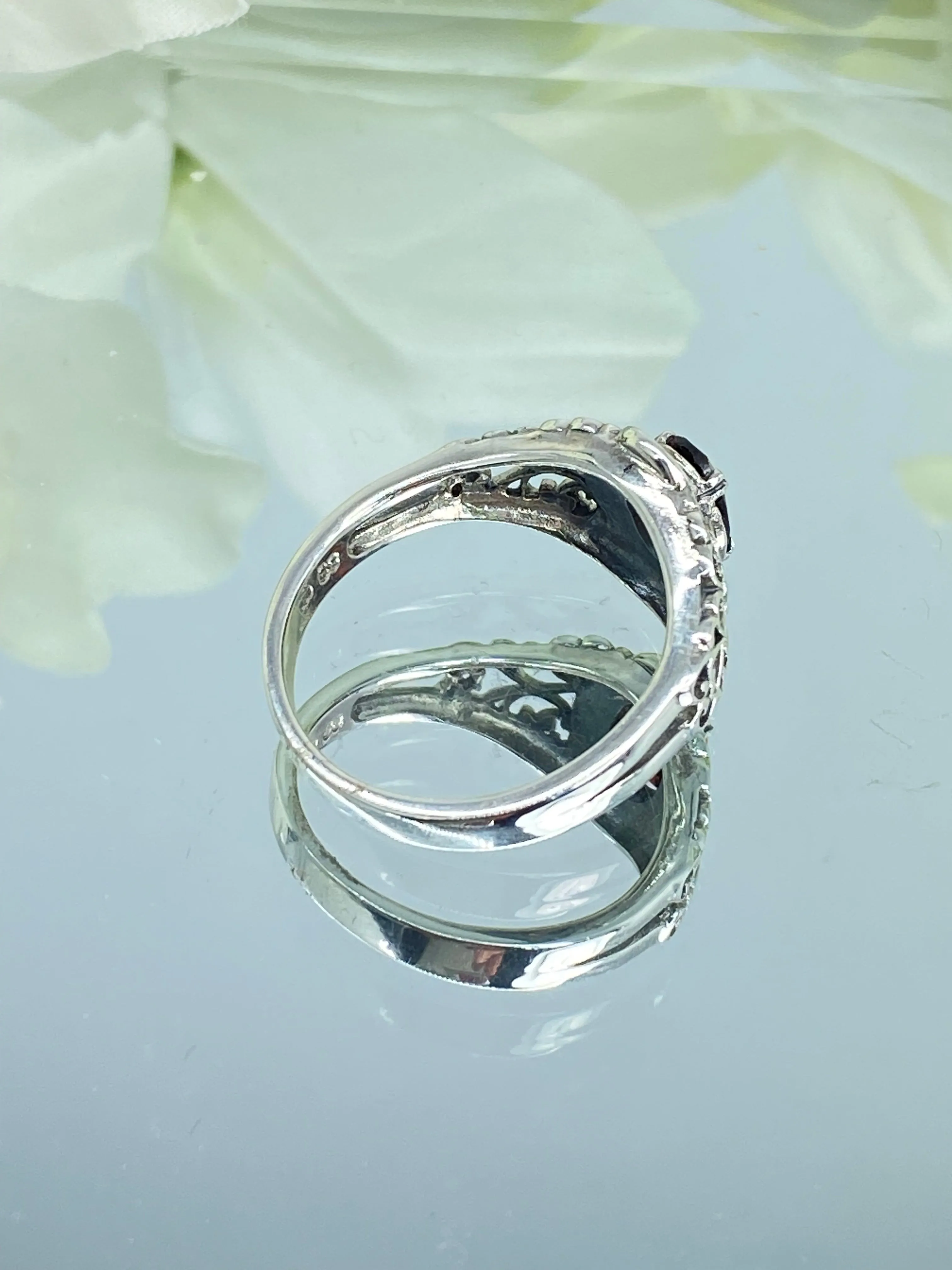 Natural Garnet Ring, Size 9, Sterling Silver Art Nouveau Jewelry #D14 - Ready to Ship