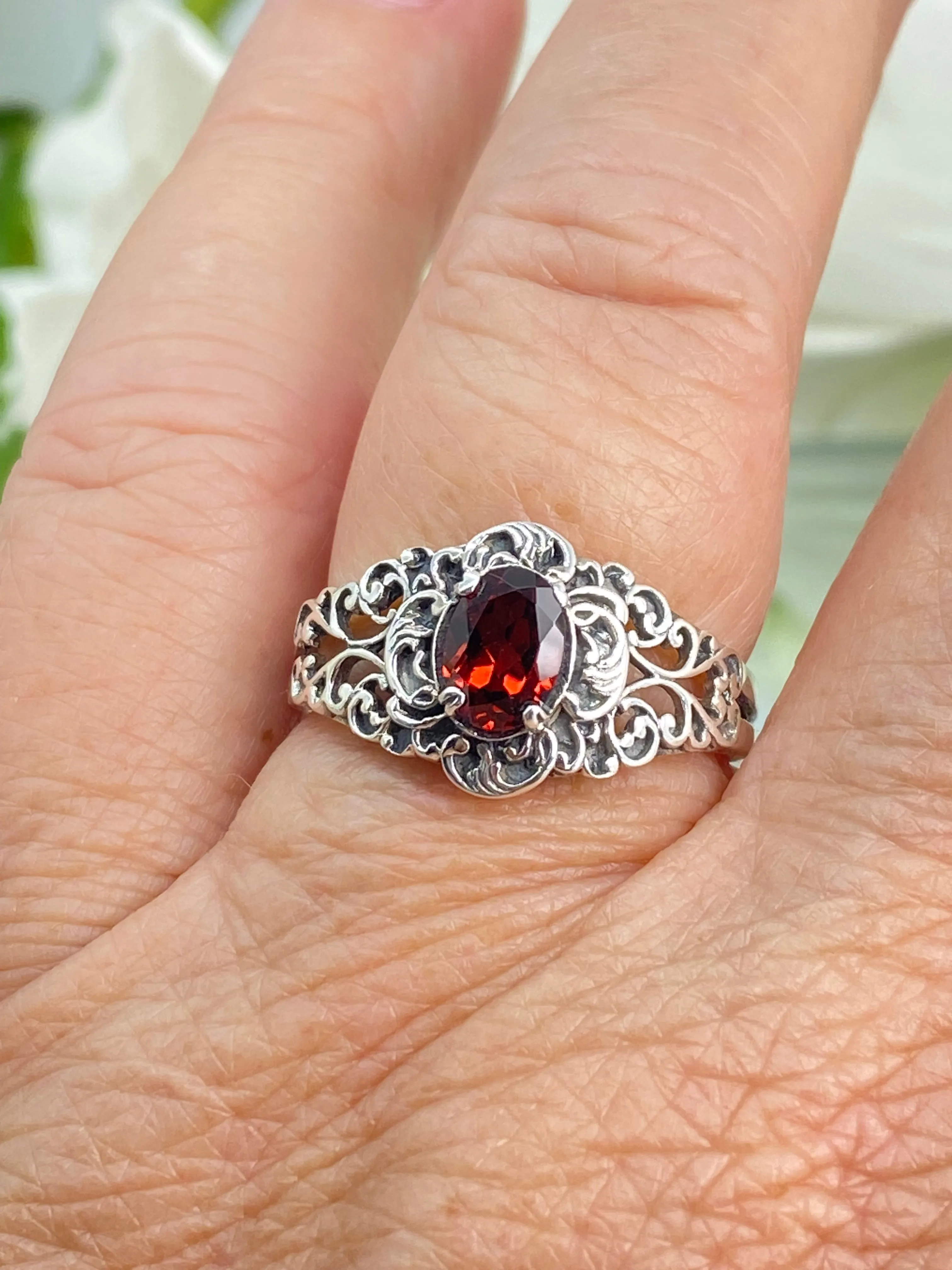Natural Garnet Ring, Size 9, Sterling Silver Art Nouveau Jewelry #D14 - Ready to Ship