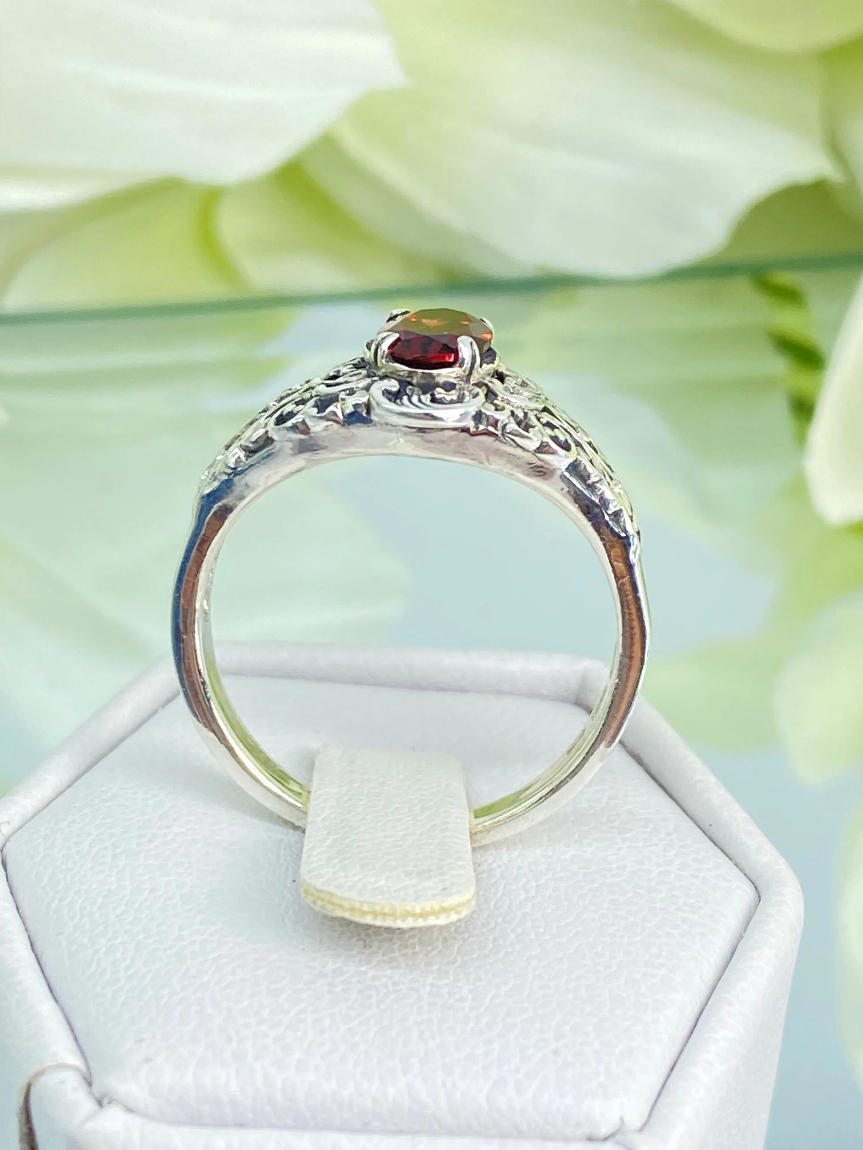 Natural Garnet Ring, Size 9, Sterling Silver Art Nouveau Jewelry #D14 - Ready to Ship