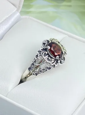 Natural Garnet Ring, Size 9, Sterling Silver Art Nouveau Jewelry #D14 - Ready to Ship