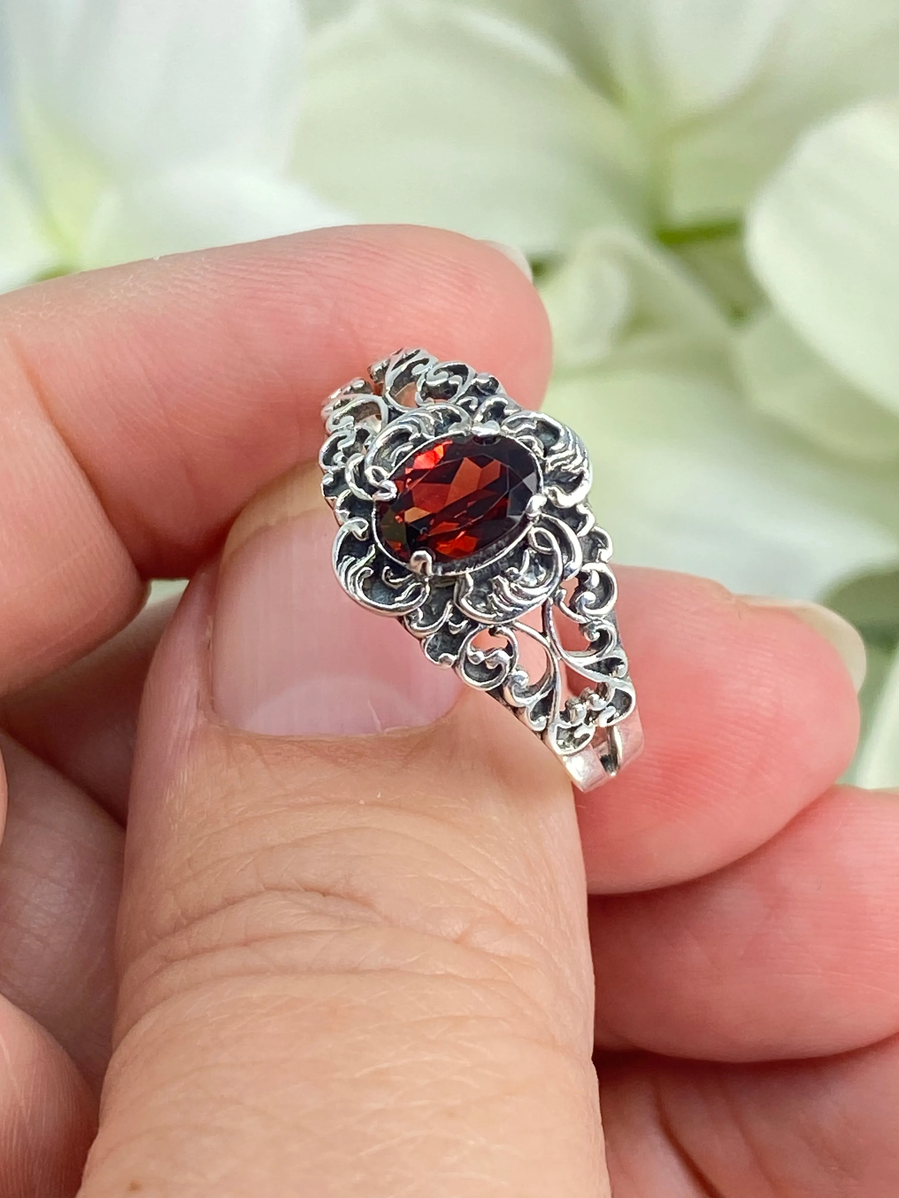 Natural Garnet Ring, Size 9, Sterling Silver Art Nouveau Jewelry #D14 - Ready to Ship