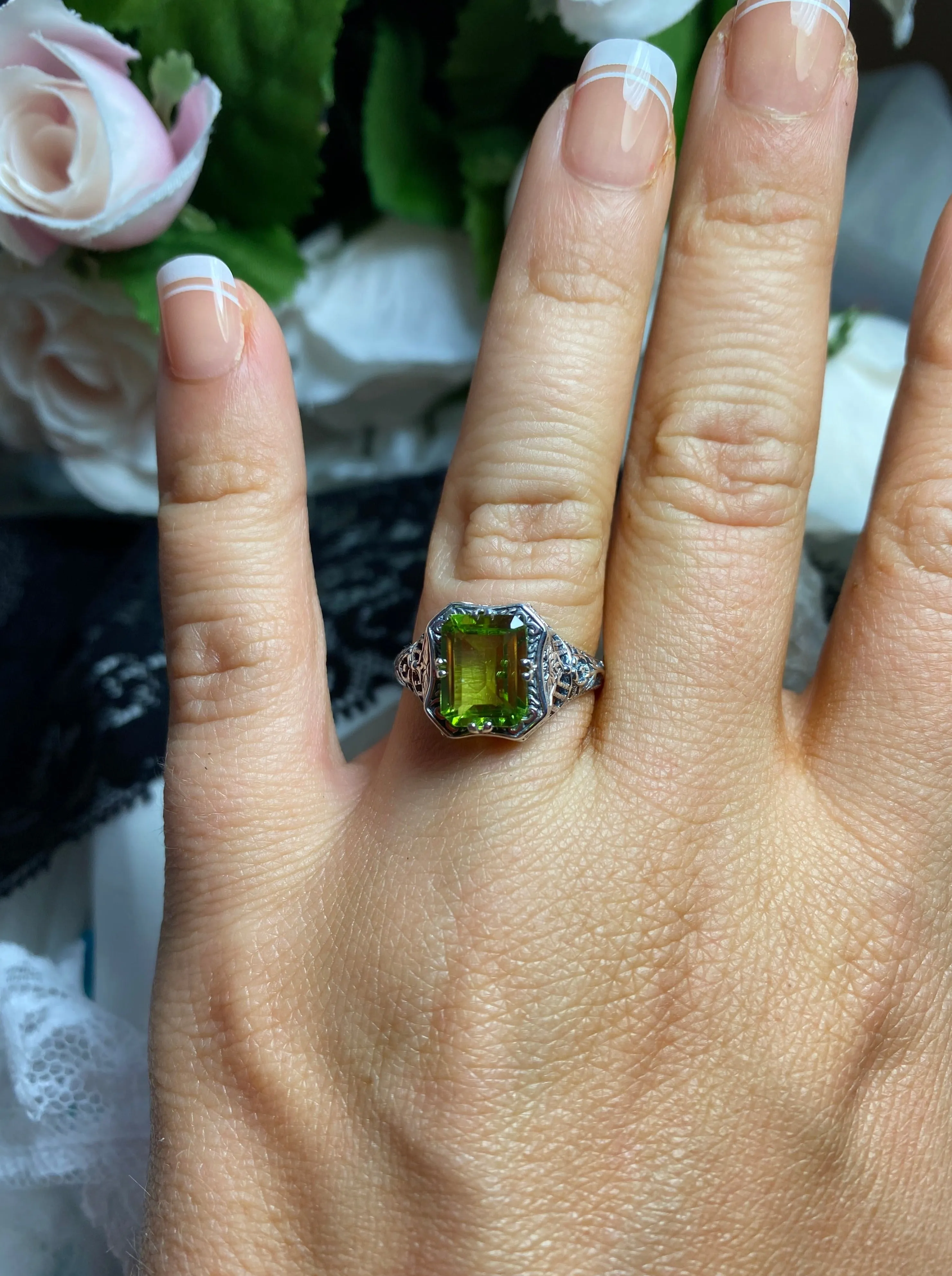 Natural Green Peridot Ring, Lovely Rectangle Topaz Gem, Edwardian Jewelry #D148