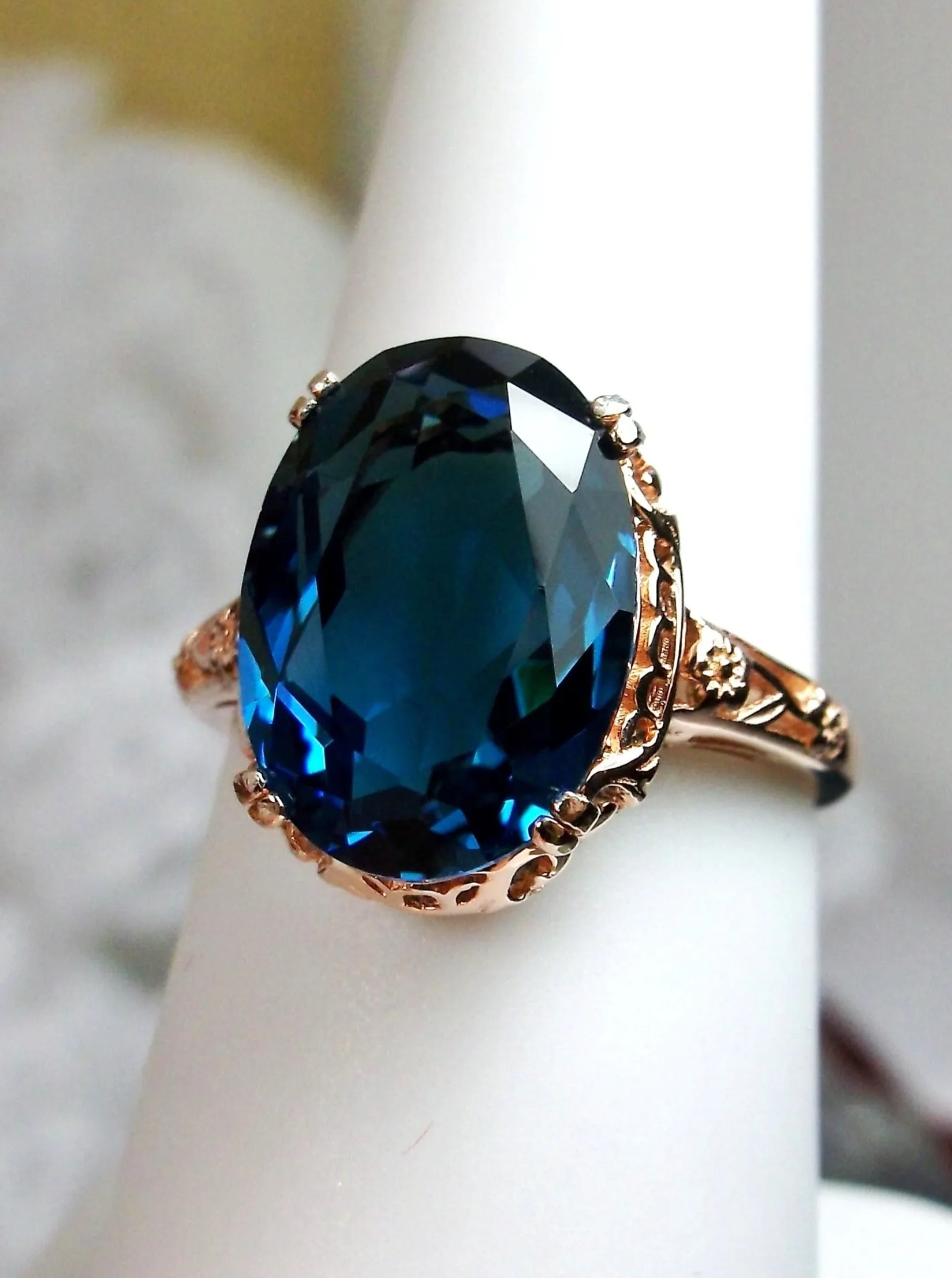 Natural London Blue Topaz Ring, 10k, 14k, or Rose Gold overlay, Natural Topaz, Edwardian Jewelry #D70