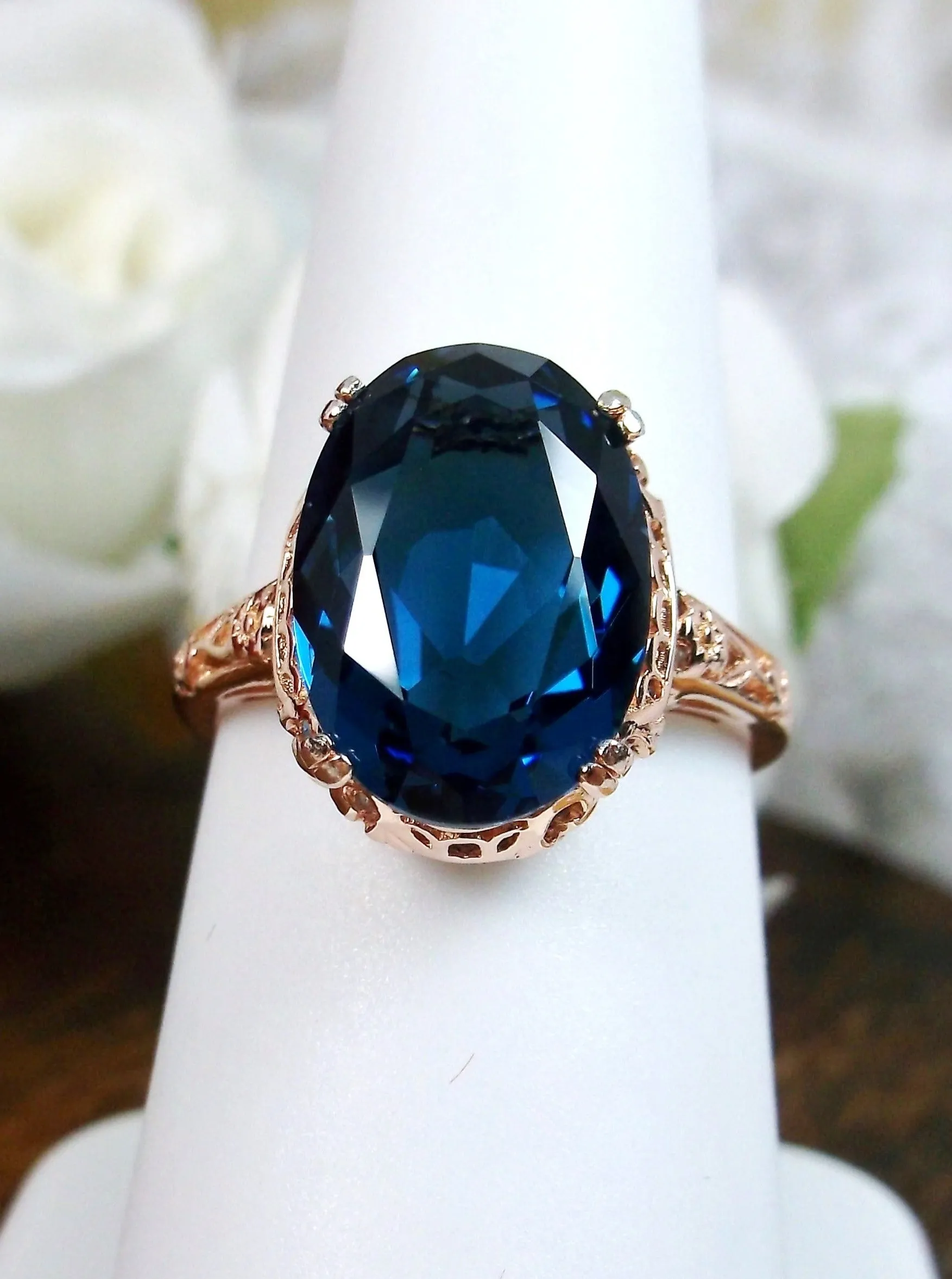 Natural London Blue Topaz Ring, 10k, 14k, or Rose Gold overlay, Natural Topaz, Edwardian Jewelry #D70