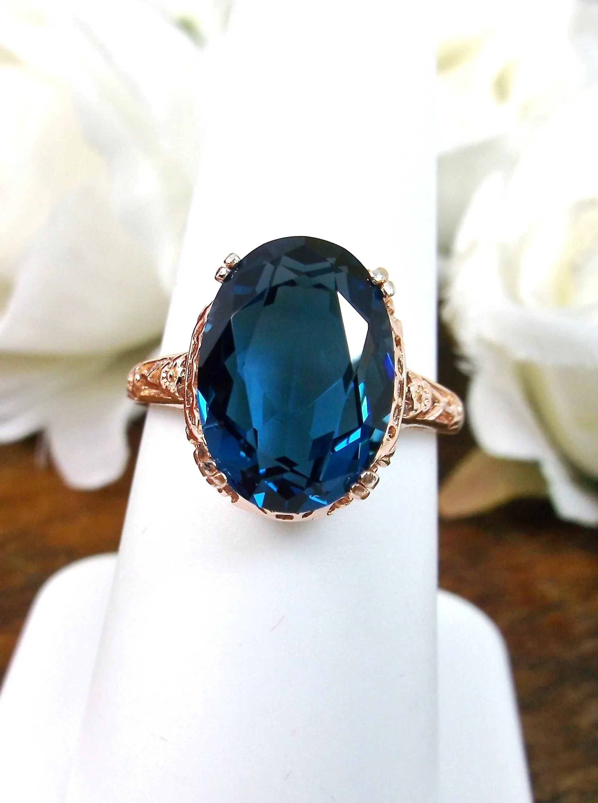 Natural London Blue Topaz Ring, 10k, 14k, or Rose Gold overlay, Natural Topaz, Edwardian Jewelry #D70