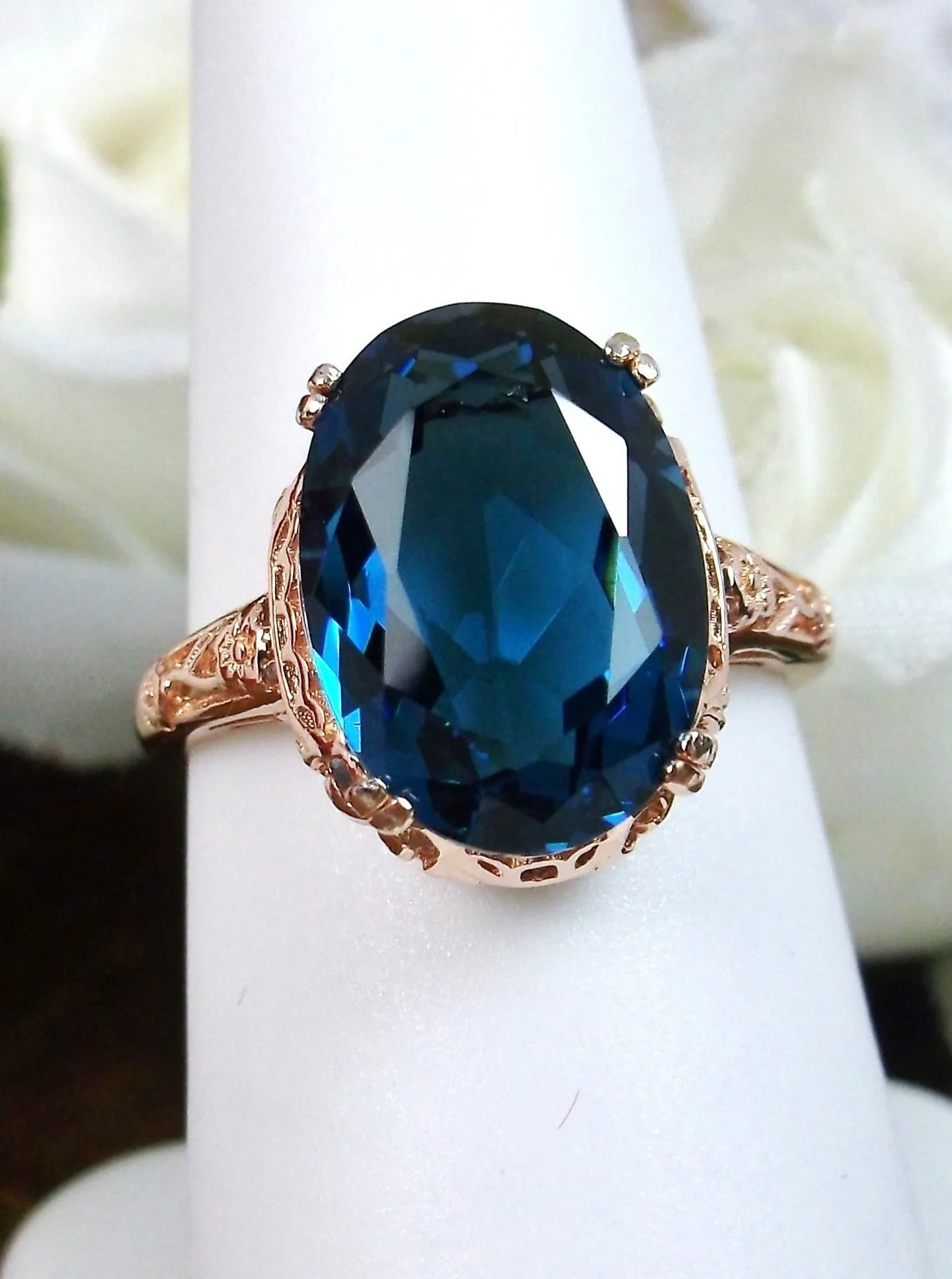 Natural London Blue Topaz Ring, 10k, 14k, or Rose Gold overlay, Natural Topaz, Edwardian Jewelry #D70