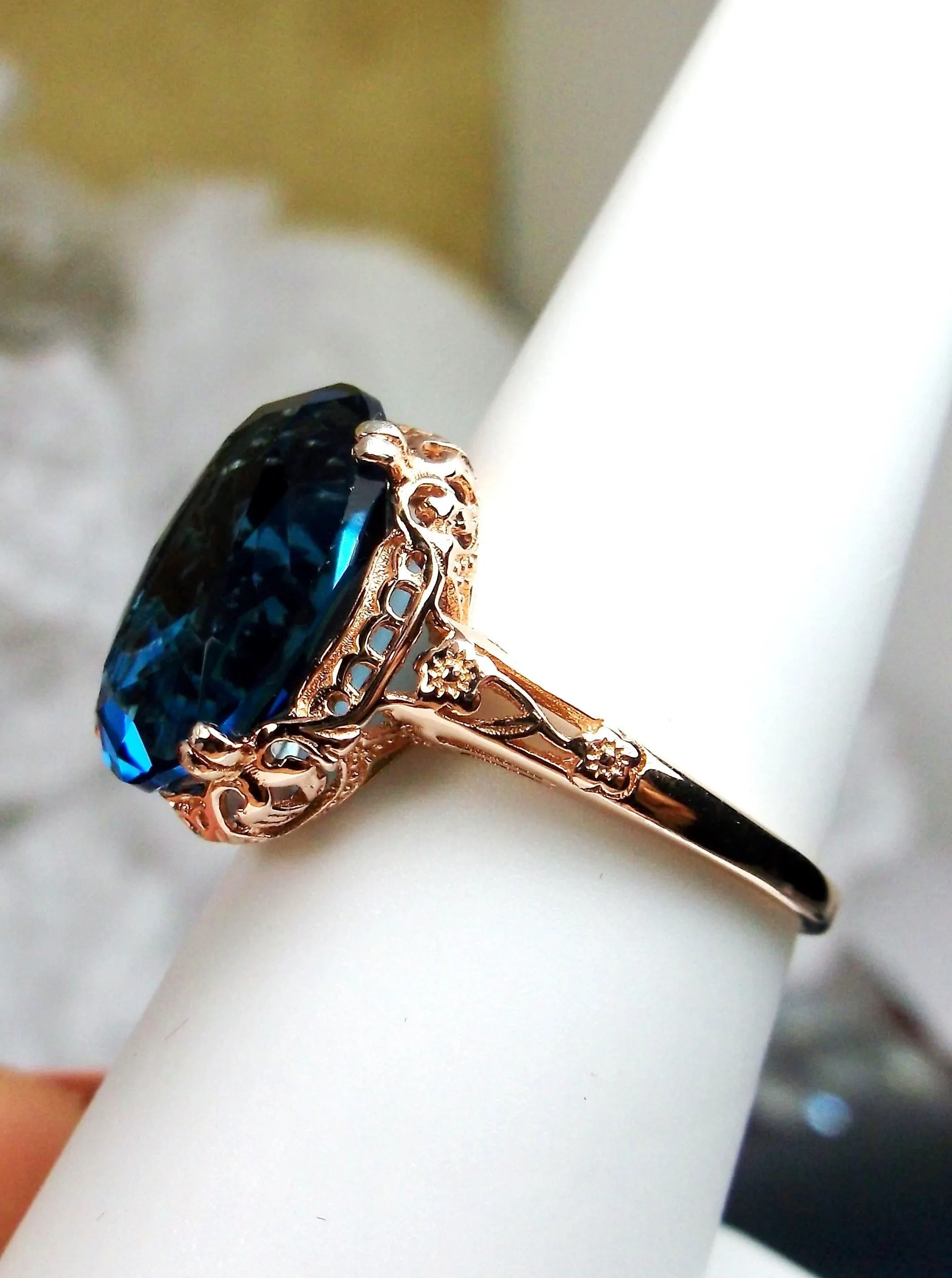 Natural London Blue Topaz Ring, 10k, 14k, or Rose Gold overlay, Natural Topaz, Edwardian Jewelry #D70