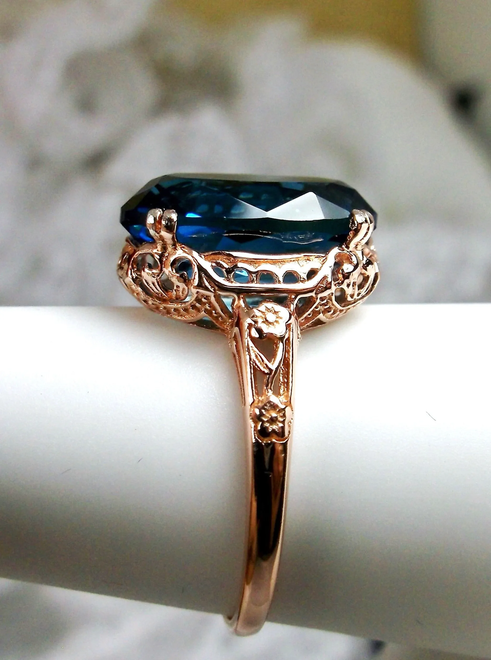 Natural London Blue Topaz Ring, 10k, 14k, or Rose Gold overlay, Natural Topaz, Edwardian Jewelry #D70