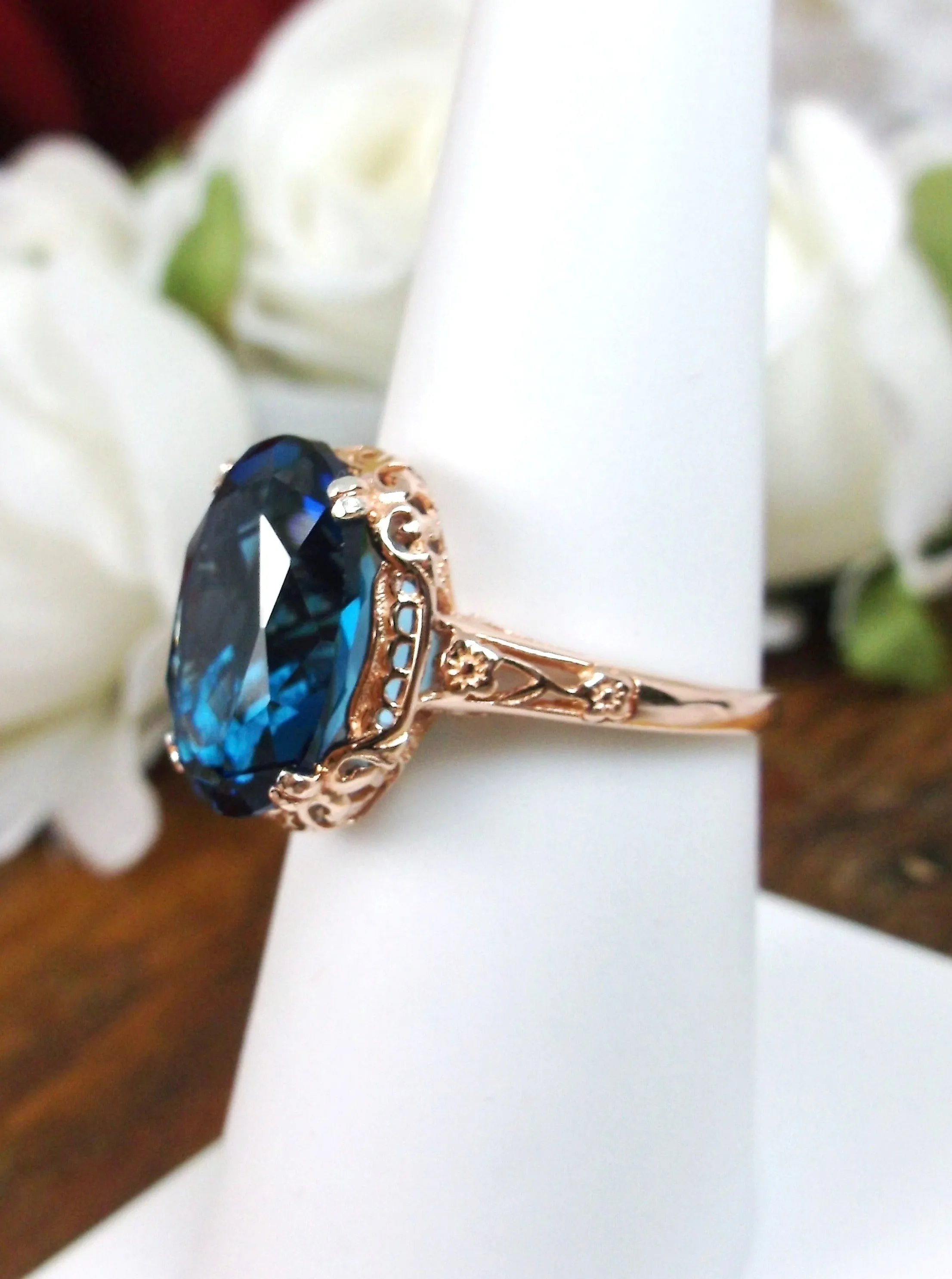 Natural London Blue Topaz Ring, 10k, 14k, or Rose Gold overlay, Natural Topaz, Edwardian Jewelry #D70