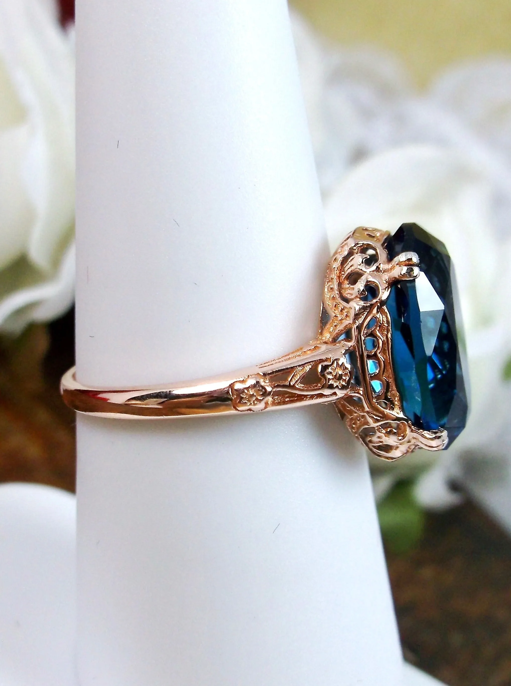 Natural London Blue Topaz Ring, 10k, 14k, or Rose Gold overlay, Natural Topaz, Edwardian Jewelry #D70