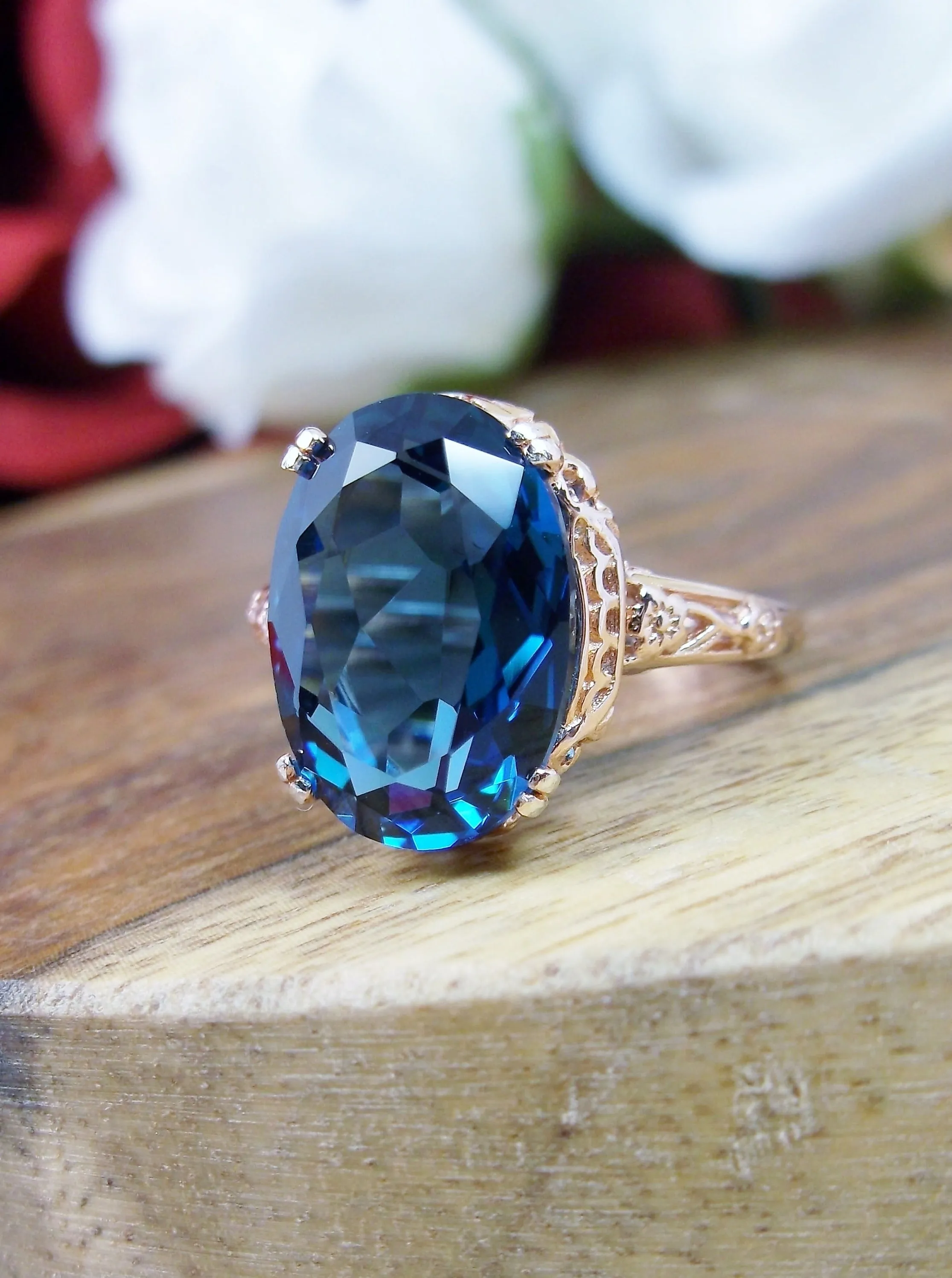 Natural London Blue Topaz Ring, 10k, 14k, or Rose Gold overlay, Natural Topaz, Edwardian Jewelry #D70